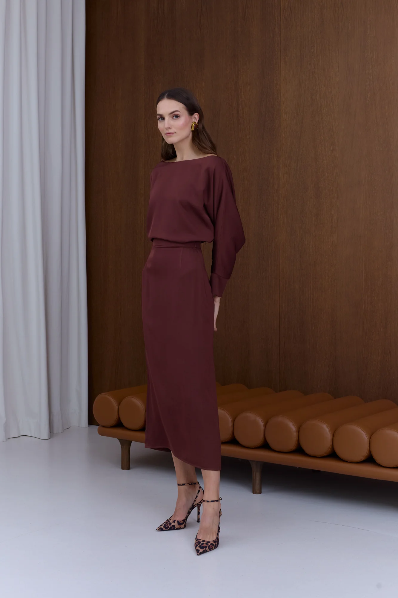 AGALIA Wine-Red Off-the-Shoulder Midi Dress - Image 3