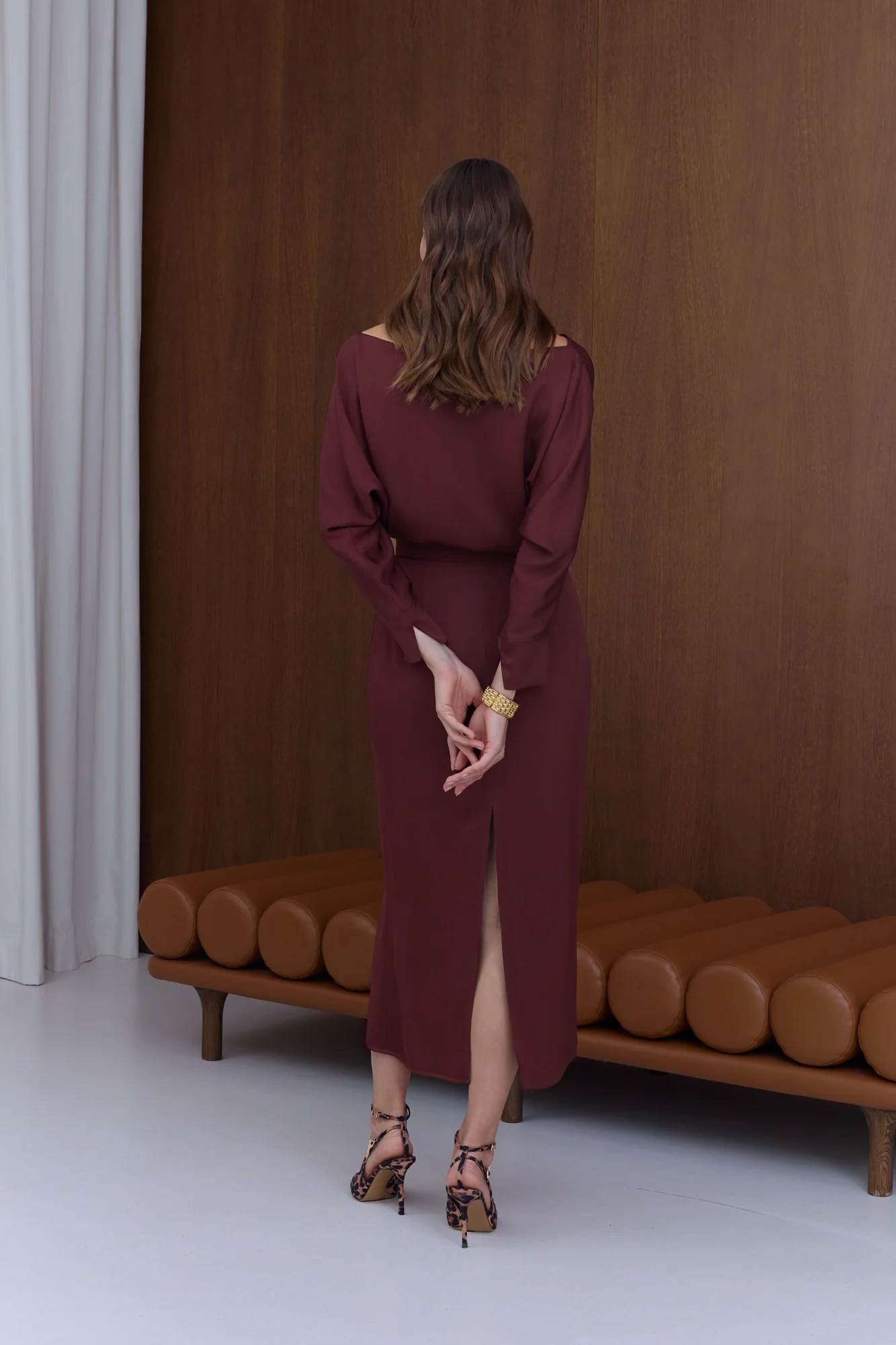AGALIA Wine-Red Off-the-Shoulder Midi Dress - Image 4