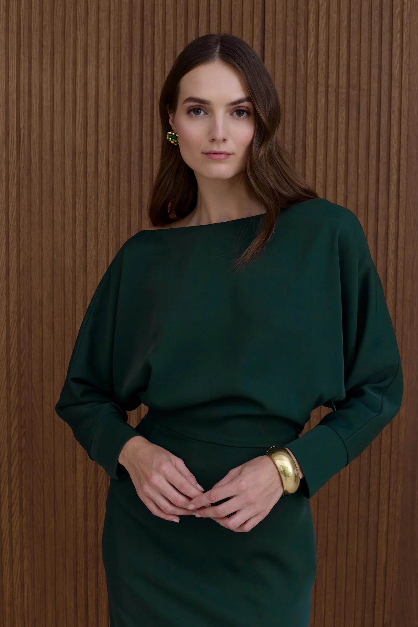 AGALIA Deep Green Off-the-Shoulder Midi Dress - Image 3