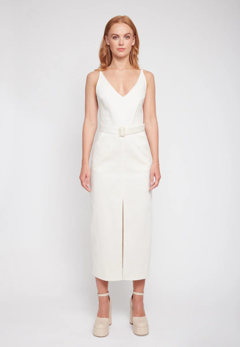 ALBERTA off-white denim midi dress with pencil skirt - Image 9