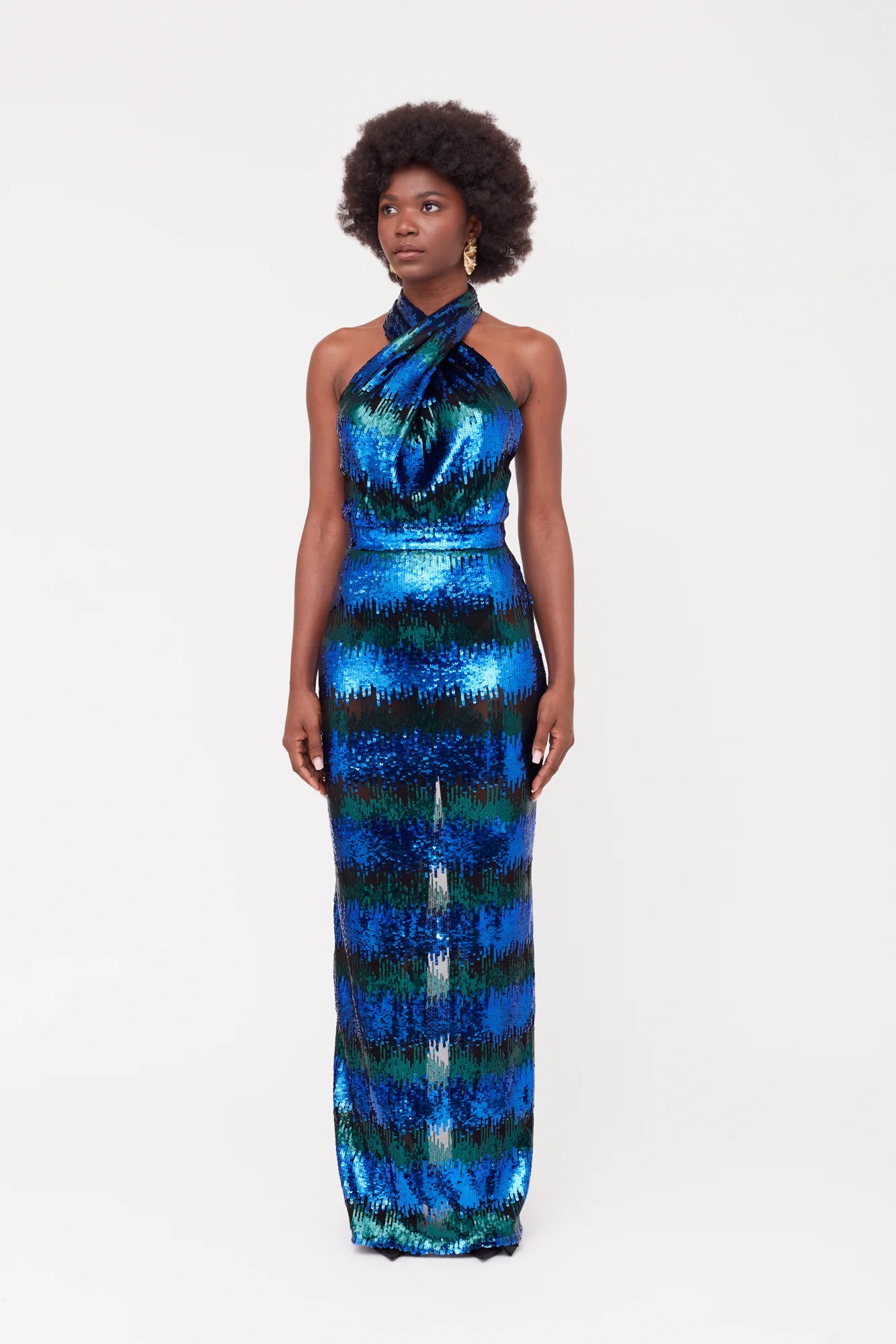ALTA Blue & Green Sequin Long Evening Dress - Image 4