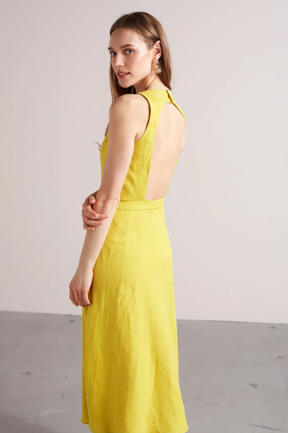AMILA open back linen cupro midi dress in yellow - Image 2