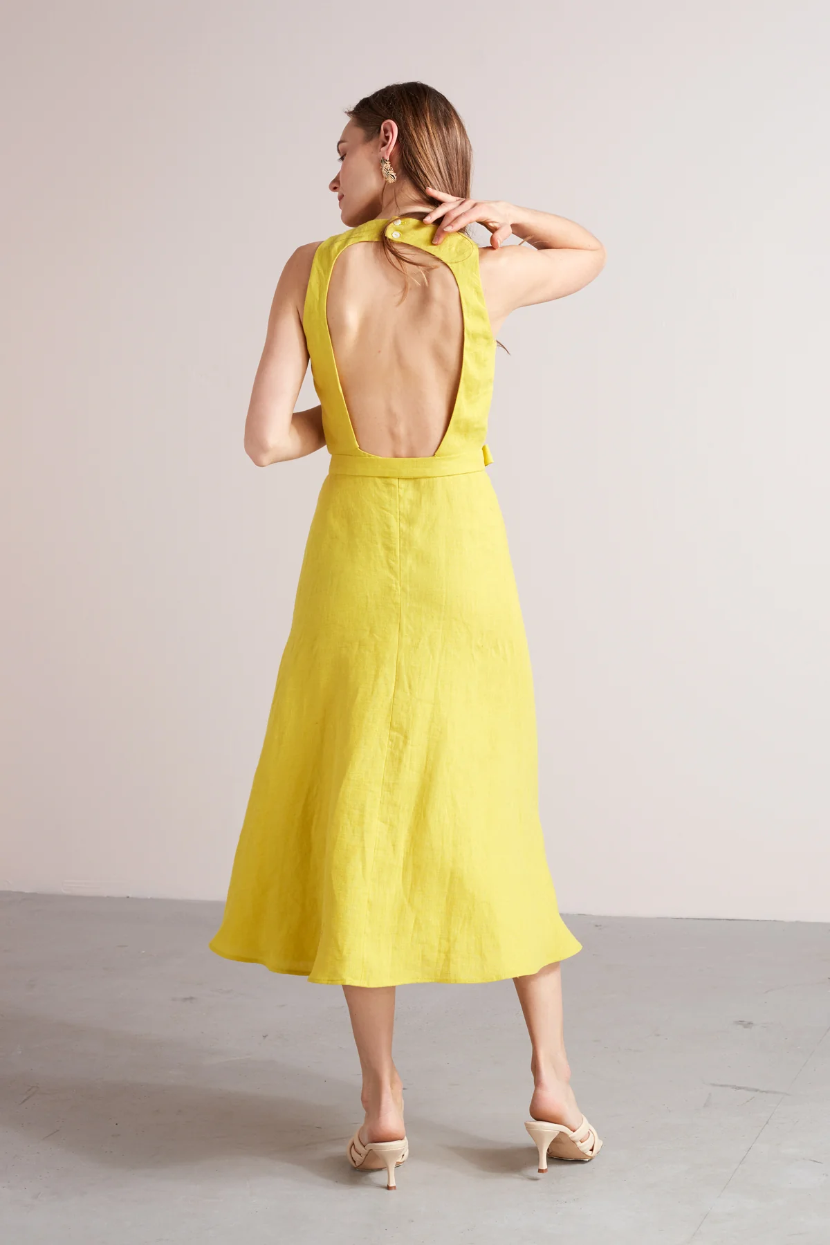 AMILA open back linen cupro midi dress in yellow - Image 3
