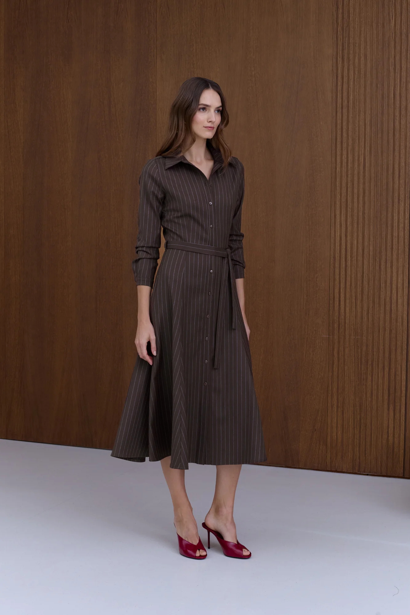 ANOUK Brown Striped Godet Shirt Dress - Image 3