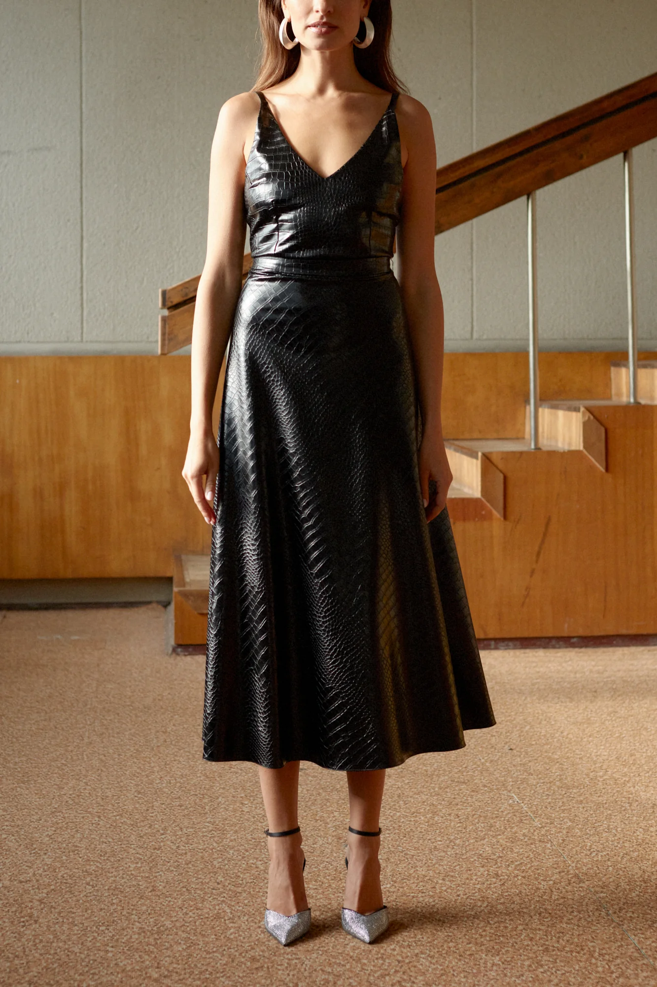ANYA black soft vegan leather midi dress - Image 6