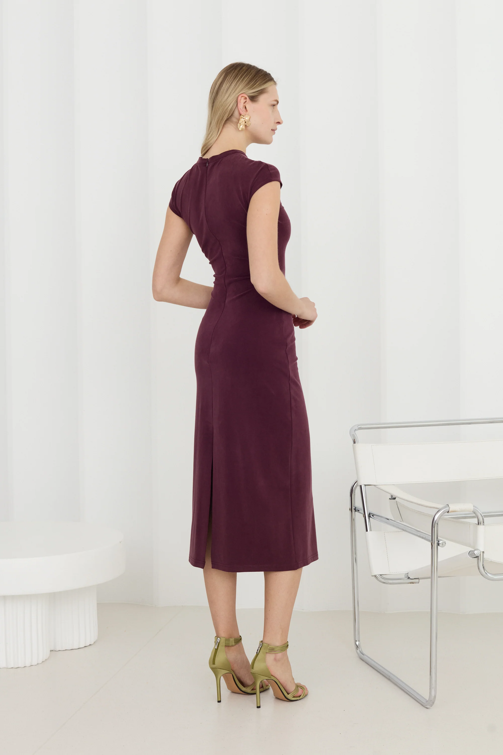 ASTER Dark Purple Jersey Midi Dress with Cap Sleeves - Image 3