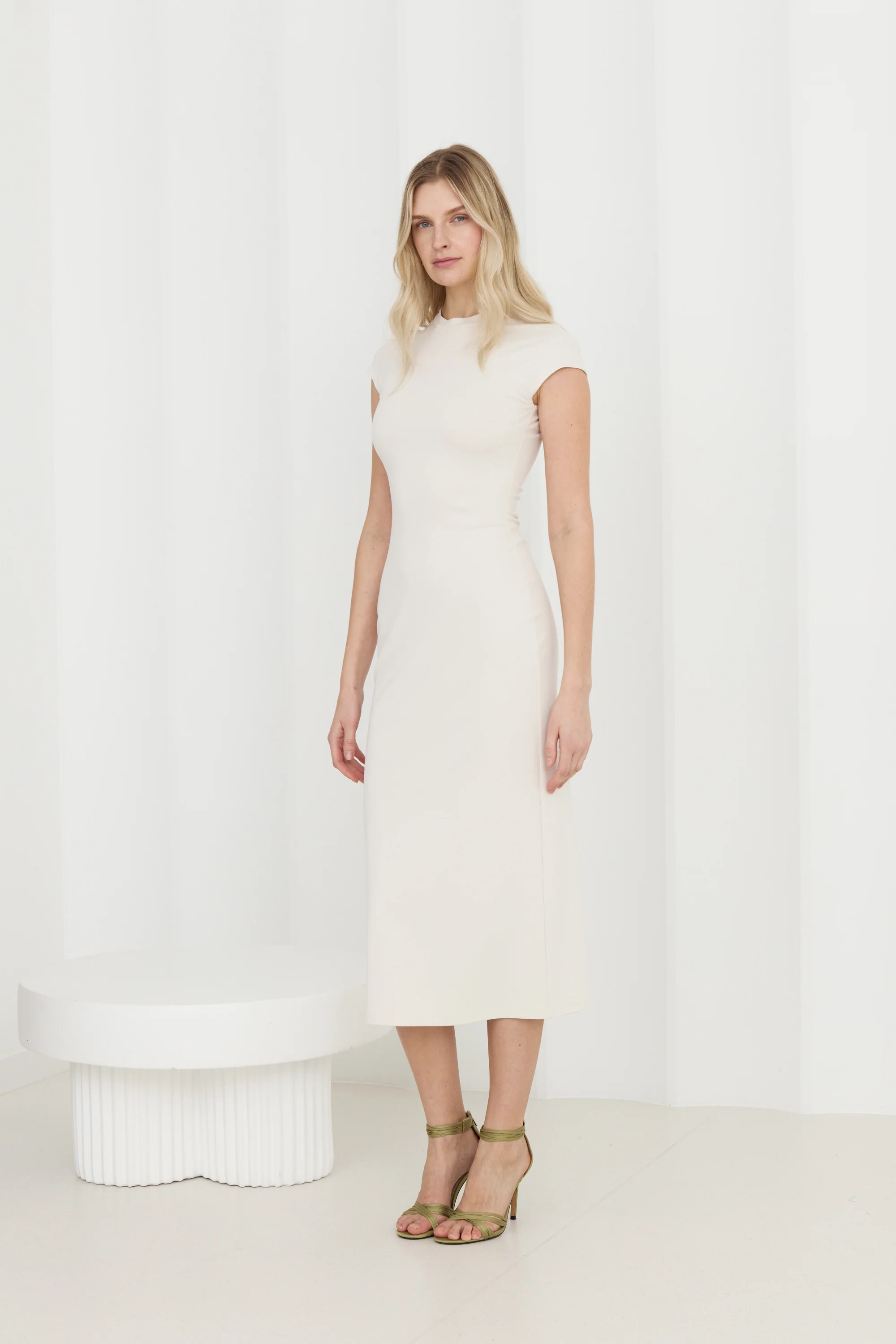 ASTER Off-White Jersey Midi Dress with Cap Sleeves - Image 3