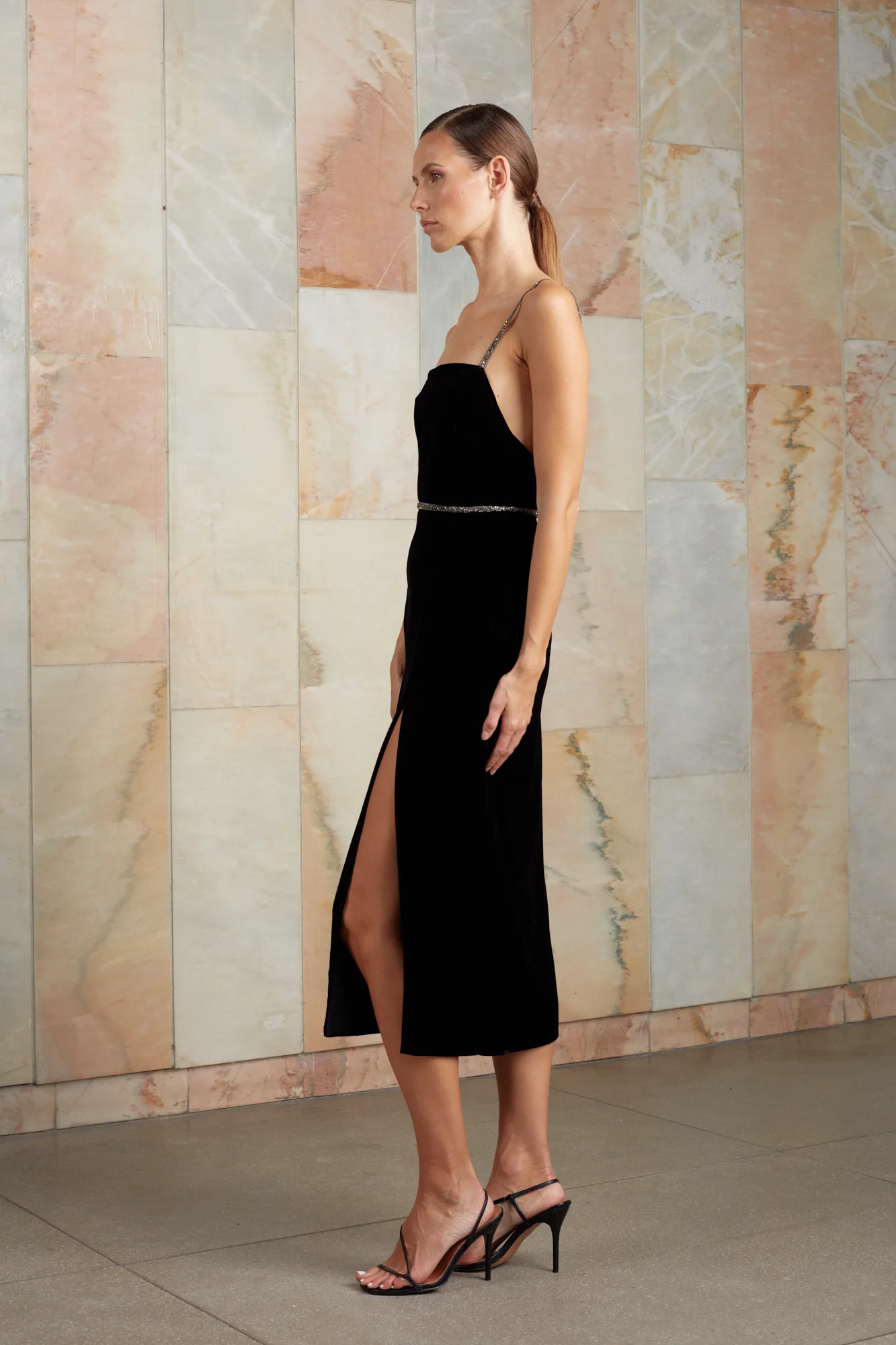 AMYA black silk velvet midi dress - Image 4