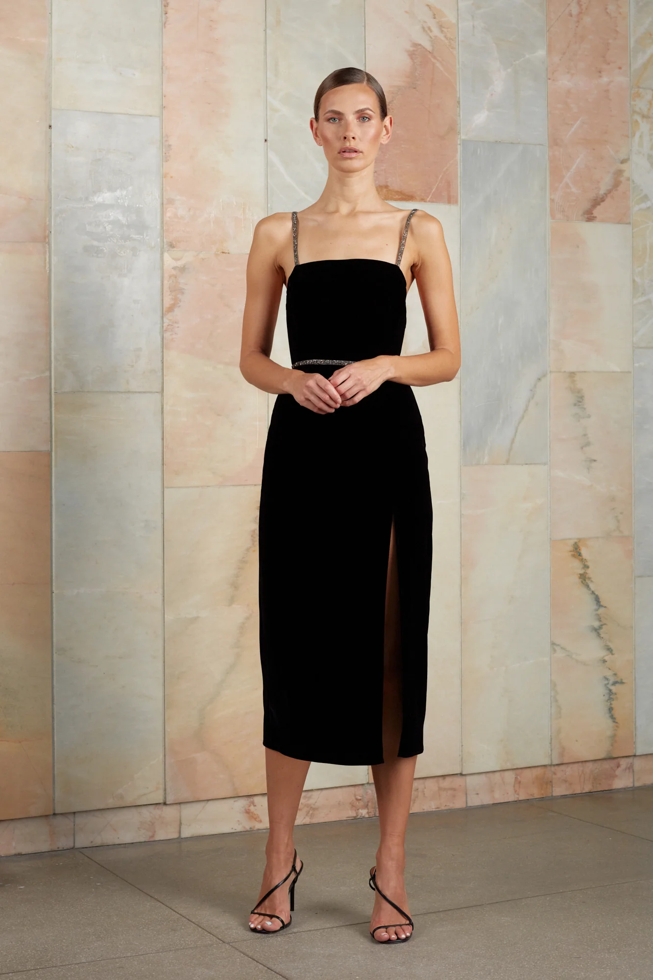 AMYA black silk velvet midi dress - Image 7