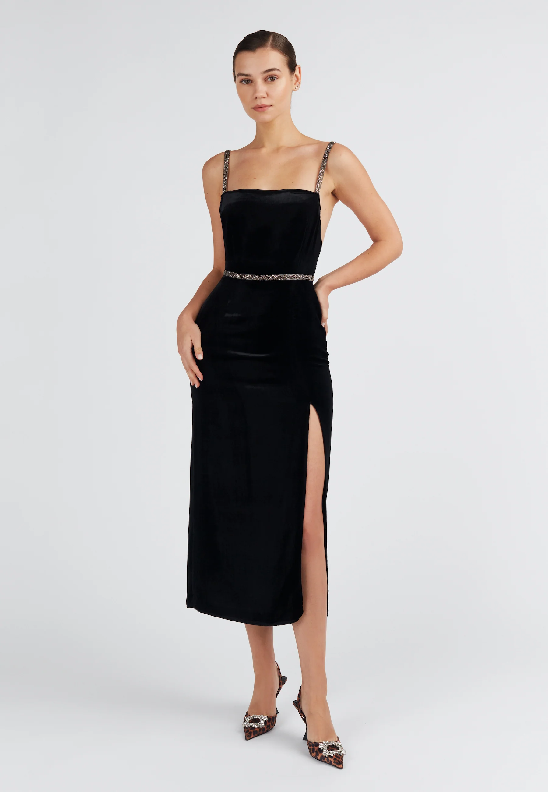 AMYA black silk velvet midi dress - Image 9
