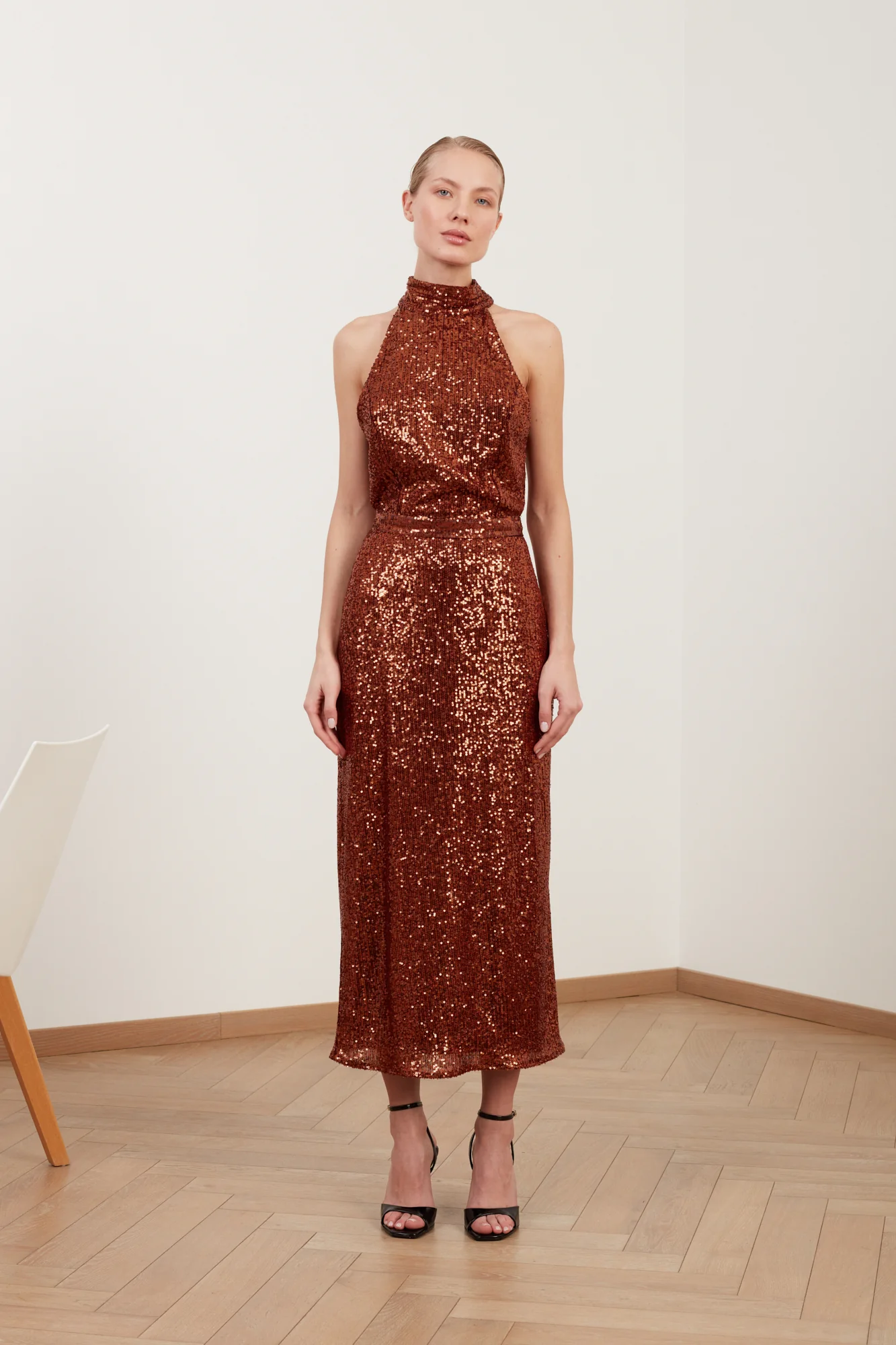 BRIANNA brown sequin bodycon midi dress with turtleneck - Image 3