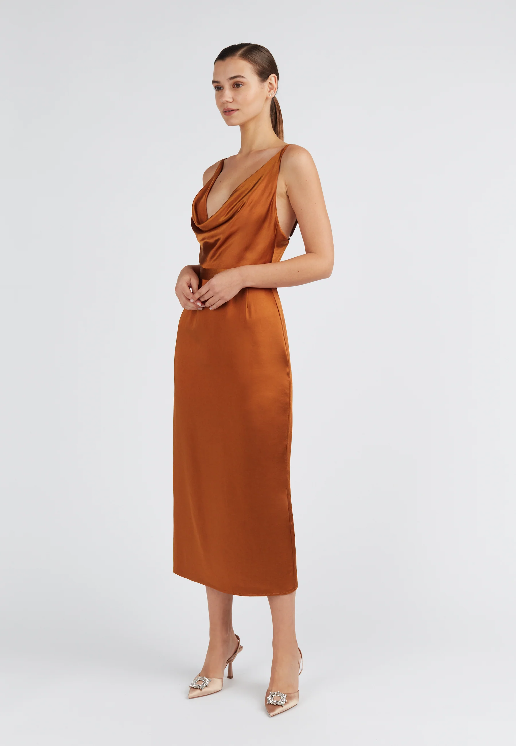 KAMEA Brown Satin Draped Front Dress - Image 6