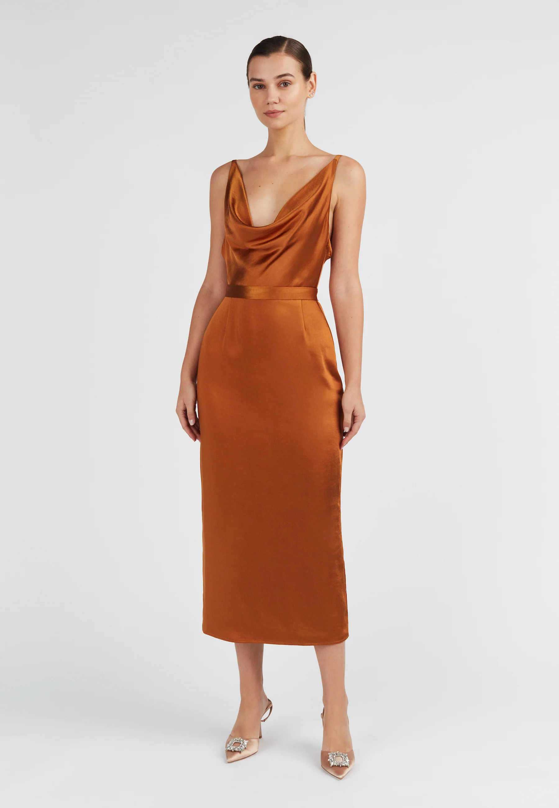 KAMEA Brown Satin Draped Front Dress - Image 7