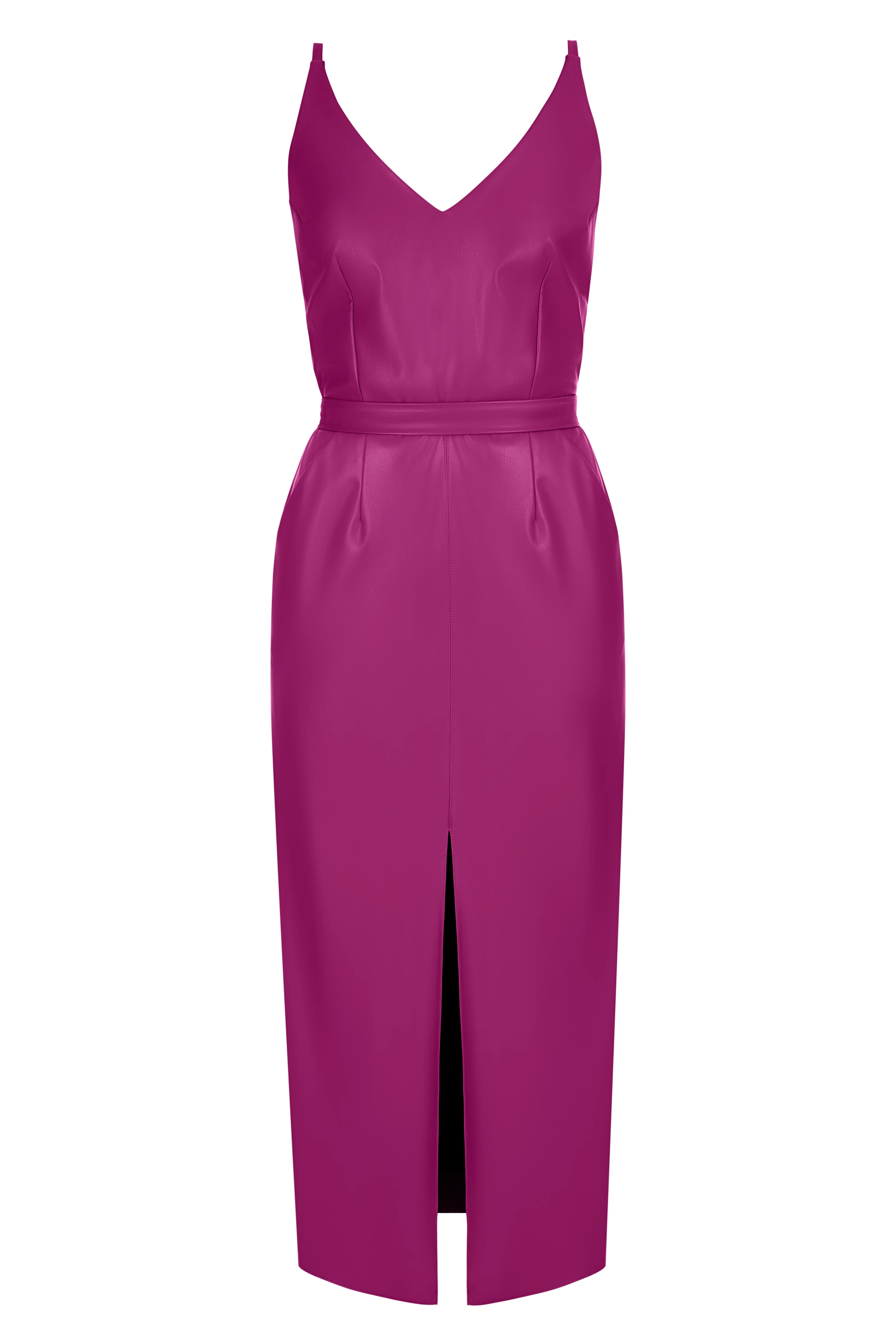 CALISTA Magenta Vegan Leather Midi Dress With Pencil Skirt - Image 4