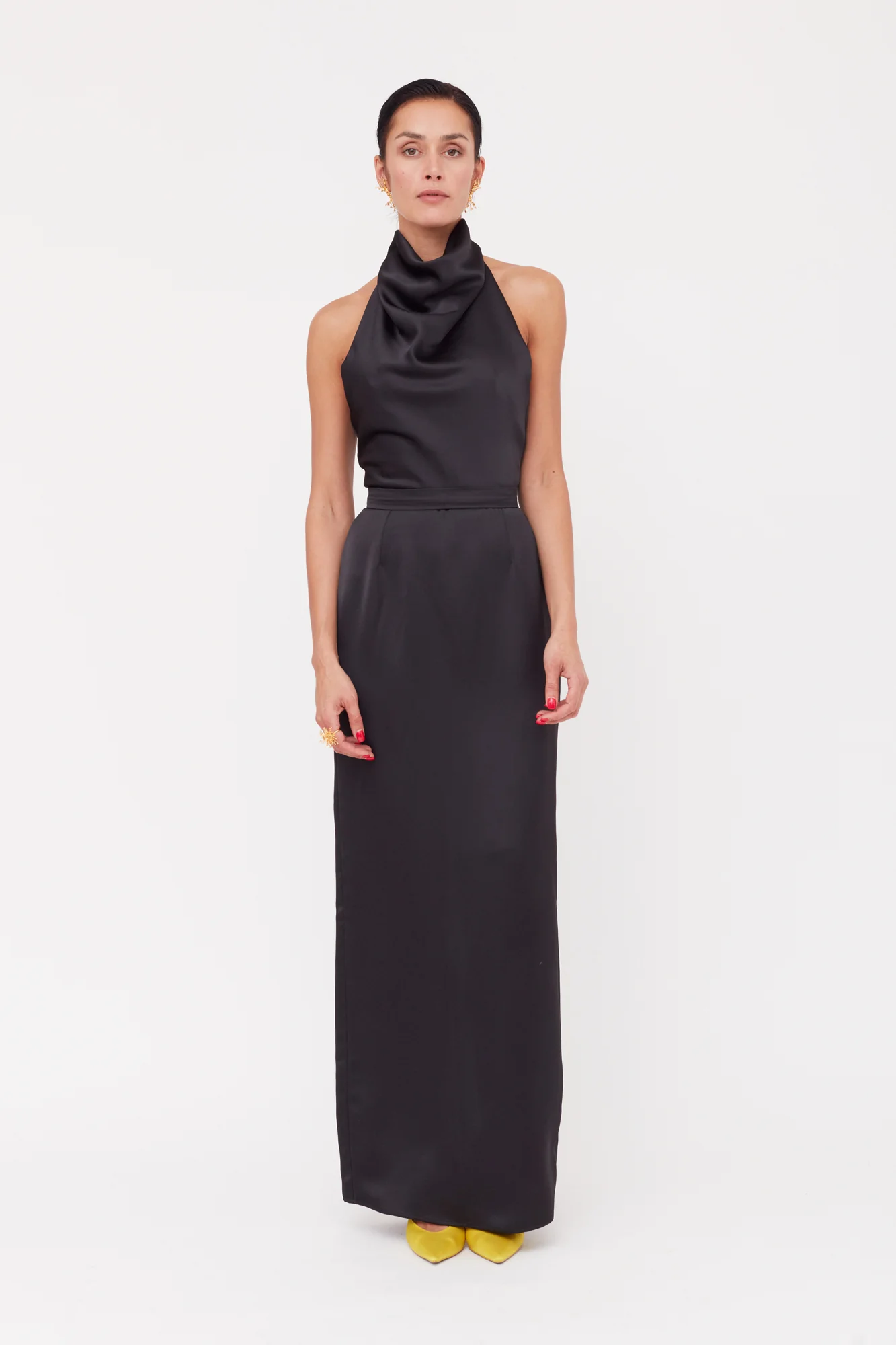 CASANDRA Black Cowl Neck Long Evening Dress - Image 3