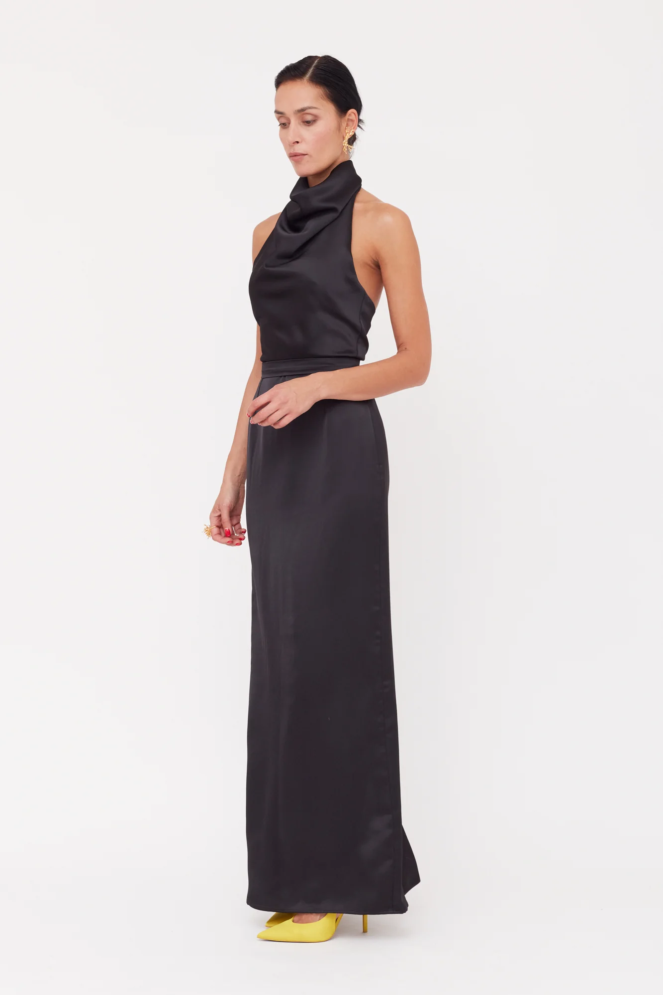 CASANDRA Black Cowl Neck Long Evening Dress - Image 6