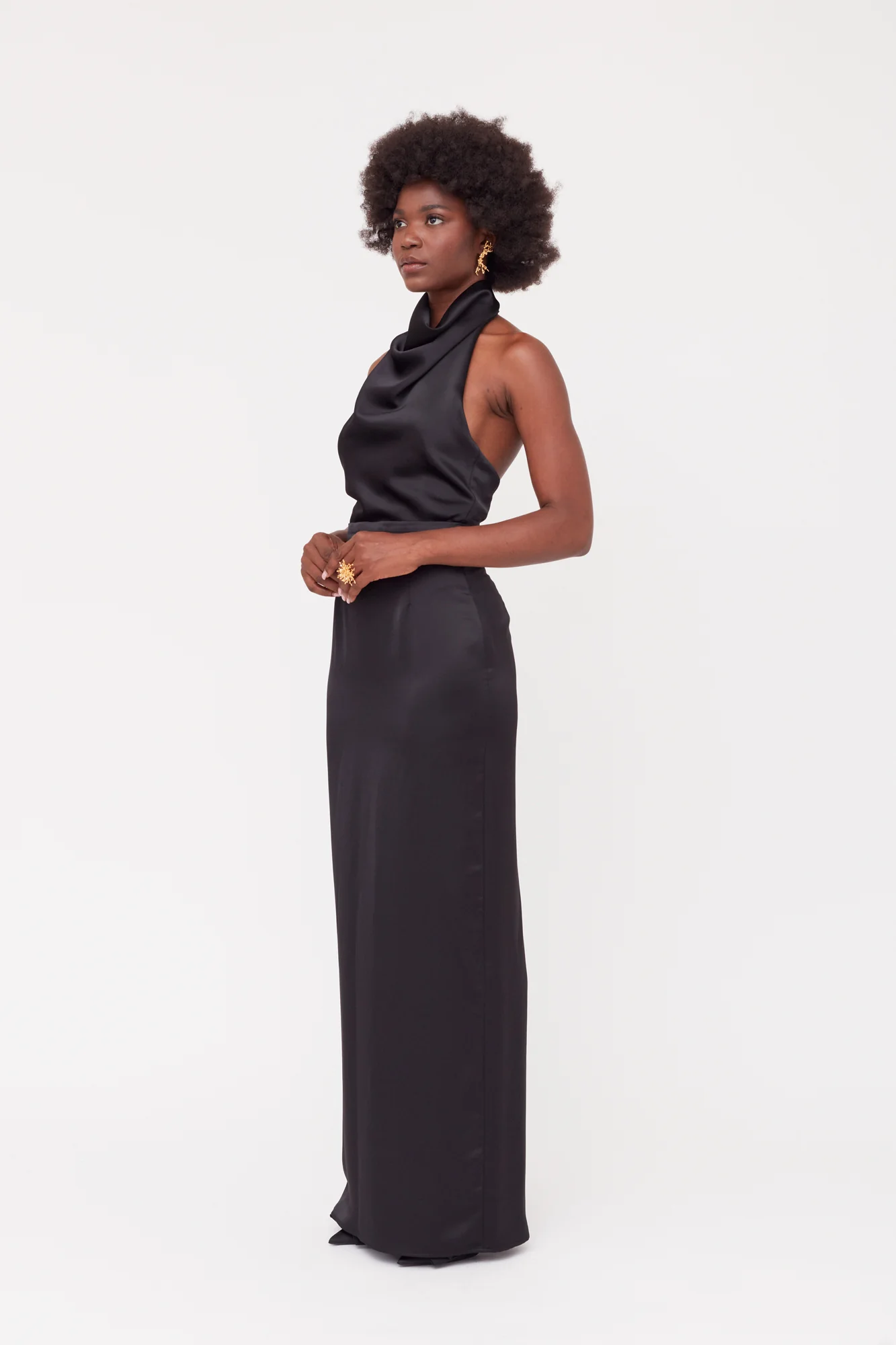 CASANDRA Black Cowl Neck Long Evening Dress - Image 9