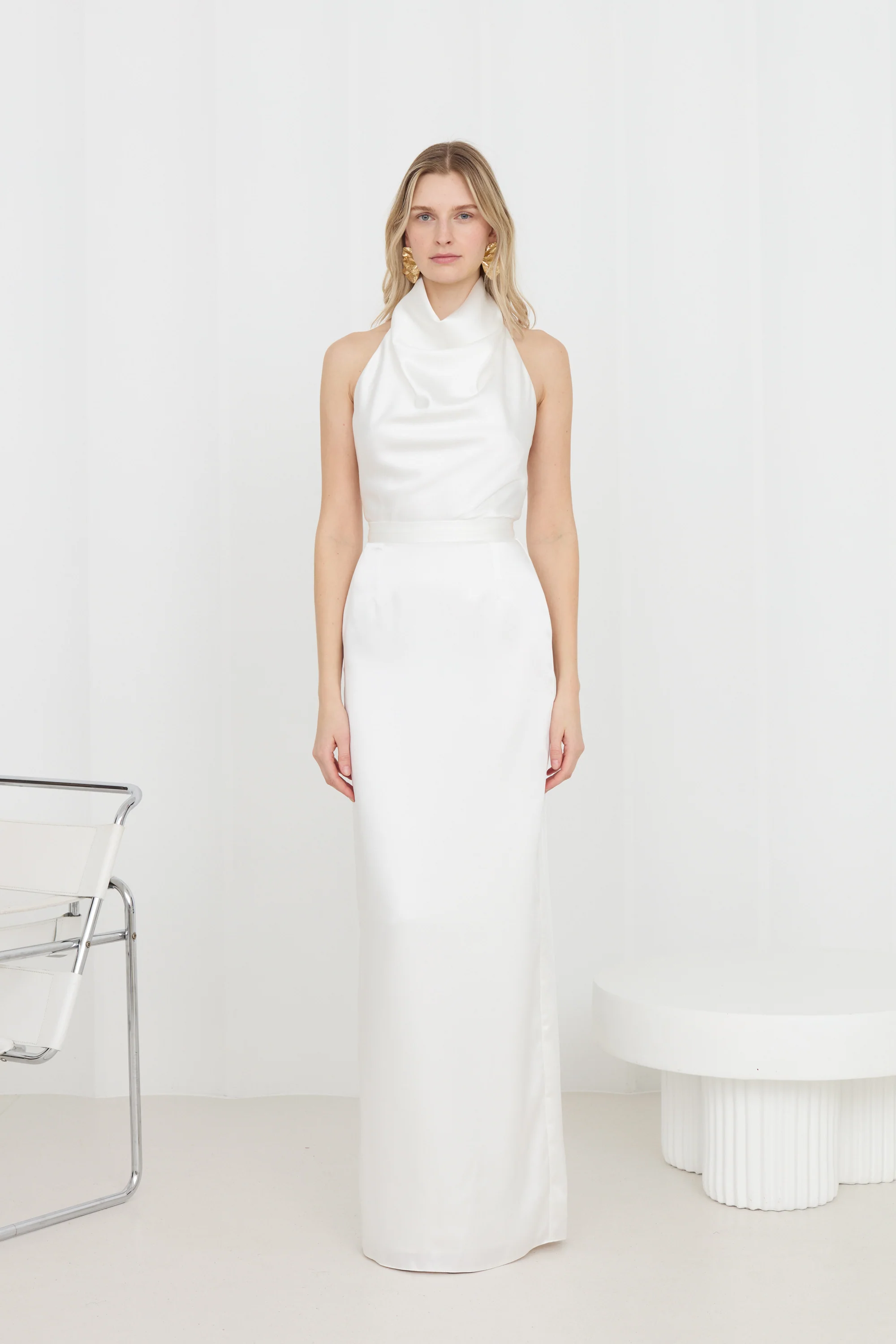 CASANDRA Soft Off-White Satin Long Wedding Dress With Cowl Neck - Image 3