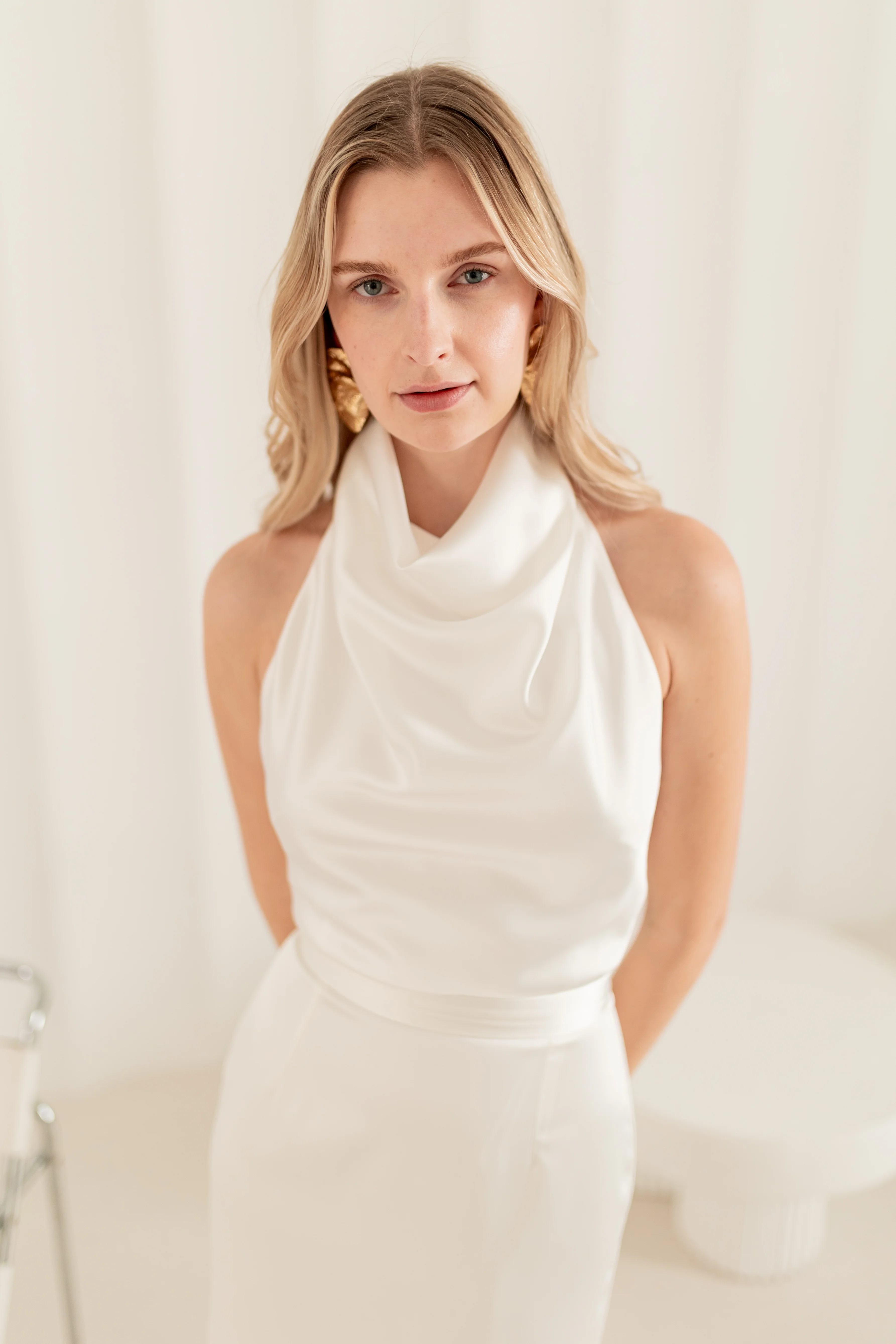 CASANDRA Soft Off-White Satin Long Wedding Dress With Cowl Neck - Image 4