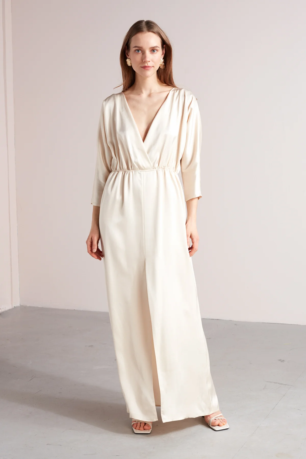 CECILIA oversized kimono sleeve maxi dress in light cream - Image 2