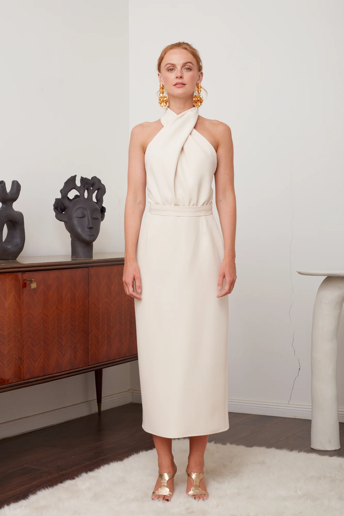 CELIA pastel cream X neck midi dress - Image 3