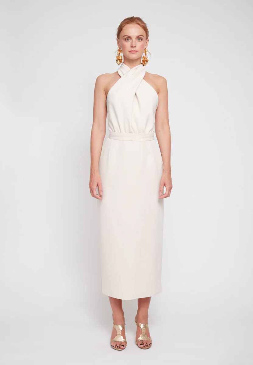 CELIA pastel cream X neck midi dress - Image 6