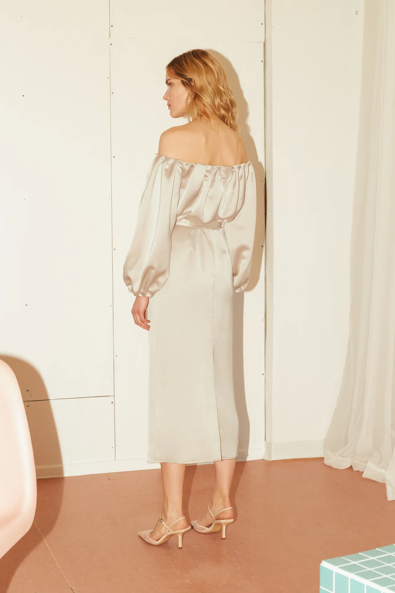 ALYA beige off shoulder midi dress - Image 4