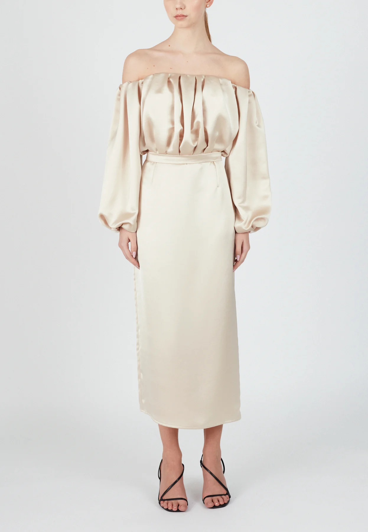 ALYA beige off shoulder midi dress - Image 6