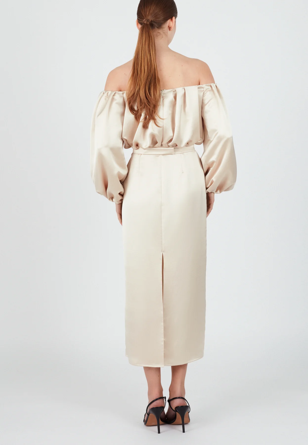 ALYA beige off shoulder midi dress - Image 7