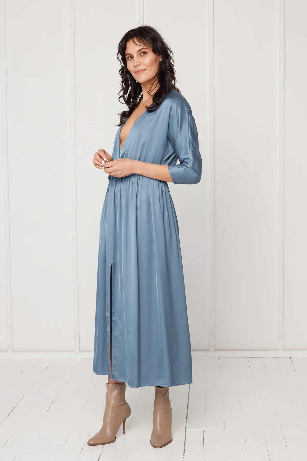 CIARA oversized kimono sleeve midi dress in stone blue - Image 2