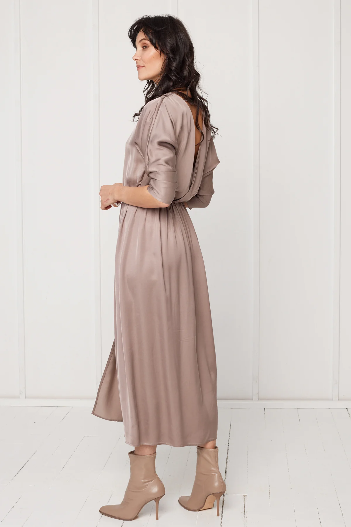 CIARA oversized kimono sleeve midi dress in taupe - Image 3
