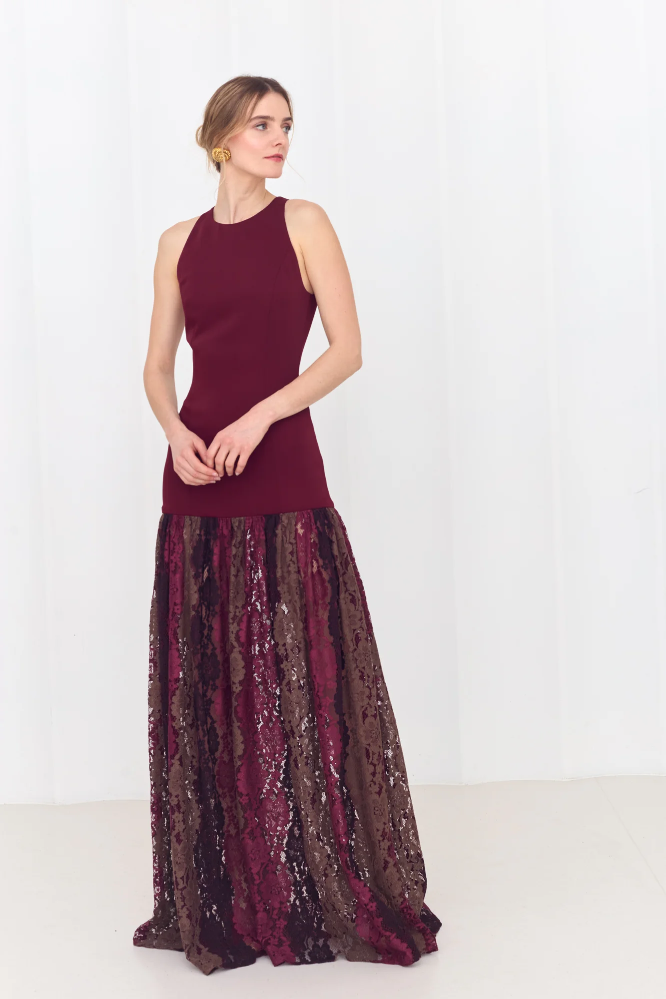 COLETTE Burgundy Evening Dress With Maxi Lace Skirt - Image 3