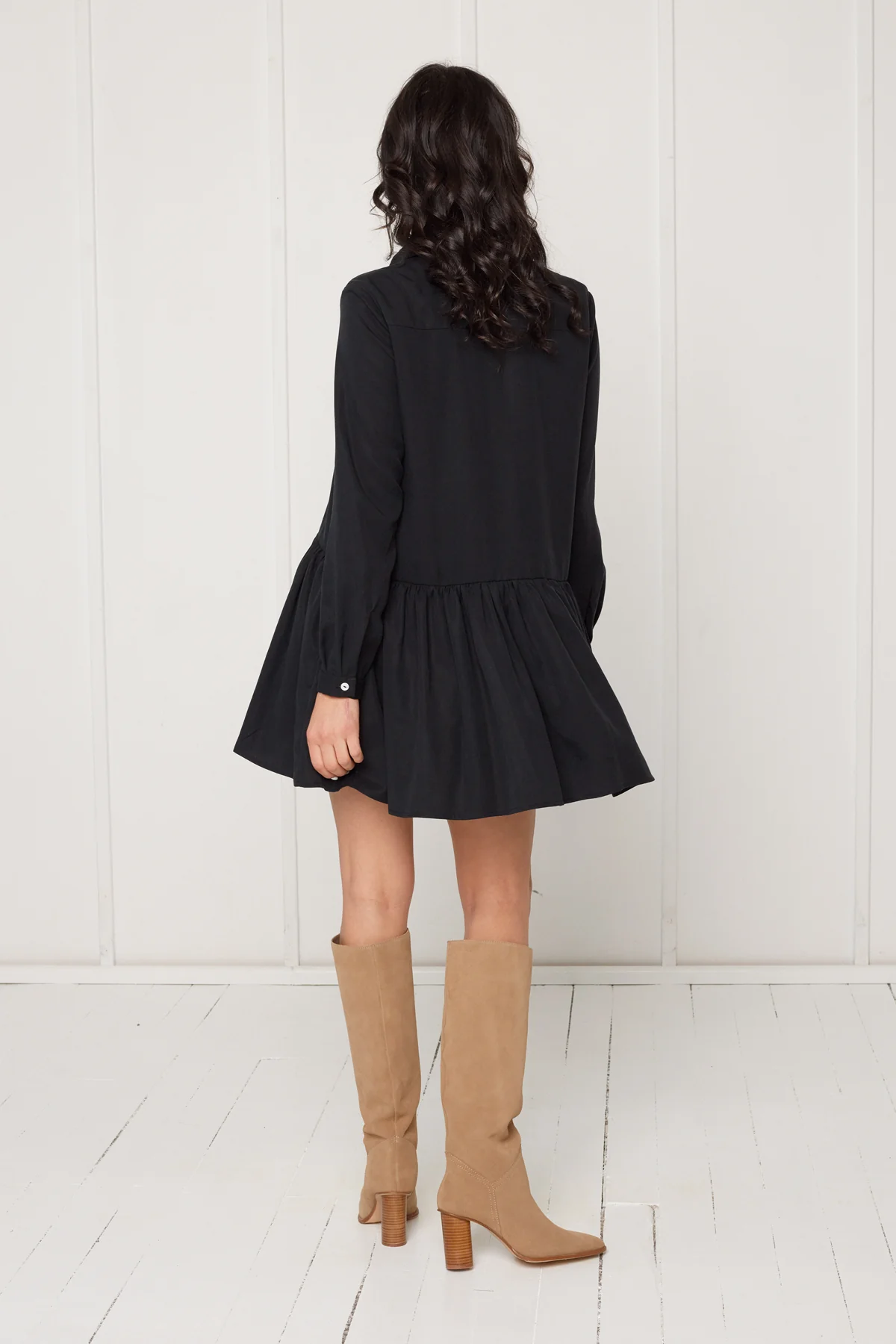 DANA tencel shirt dress with front frill in black - Image 4