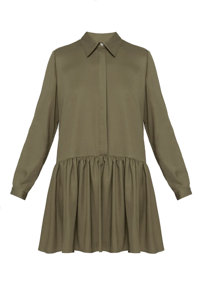 DANA tencel shirt dress with front frill in military green - Image 5