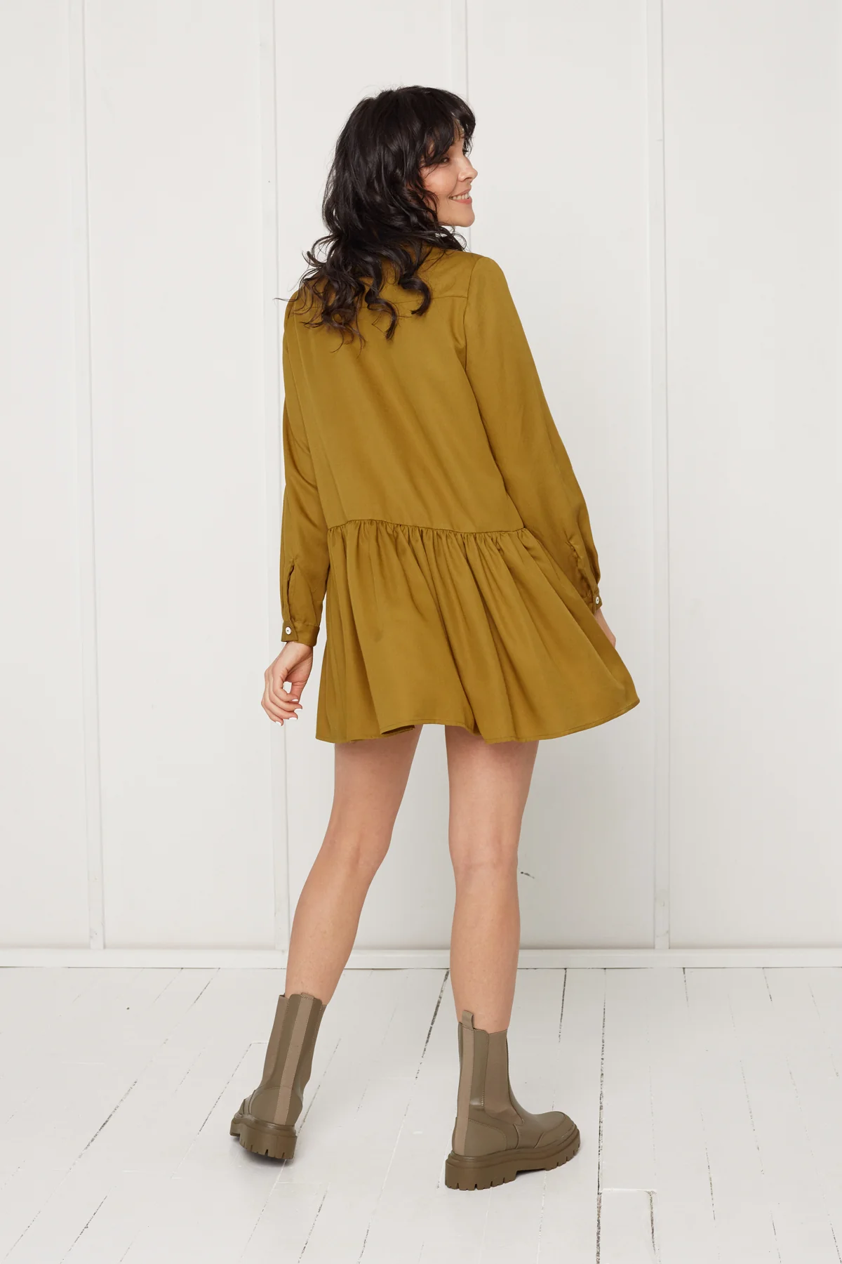 DANA tencel shirt dress with front frill in olive green - Image 3