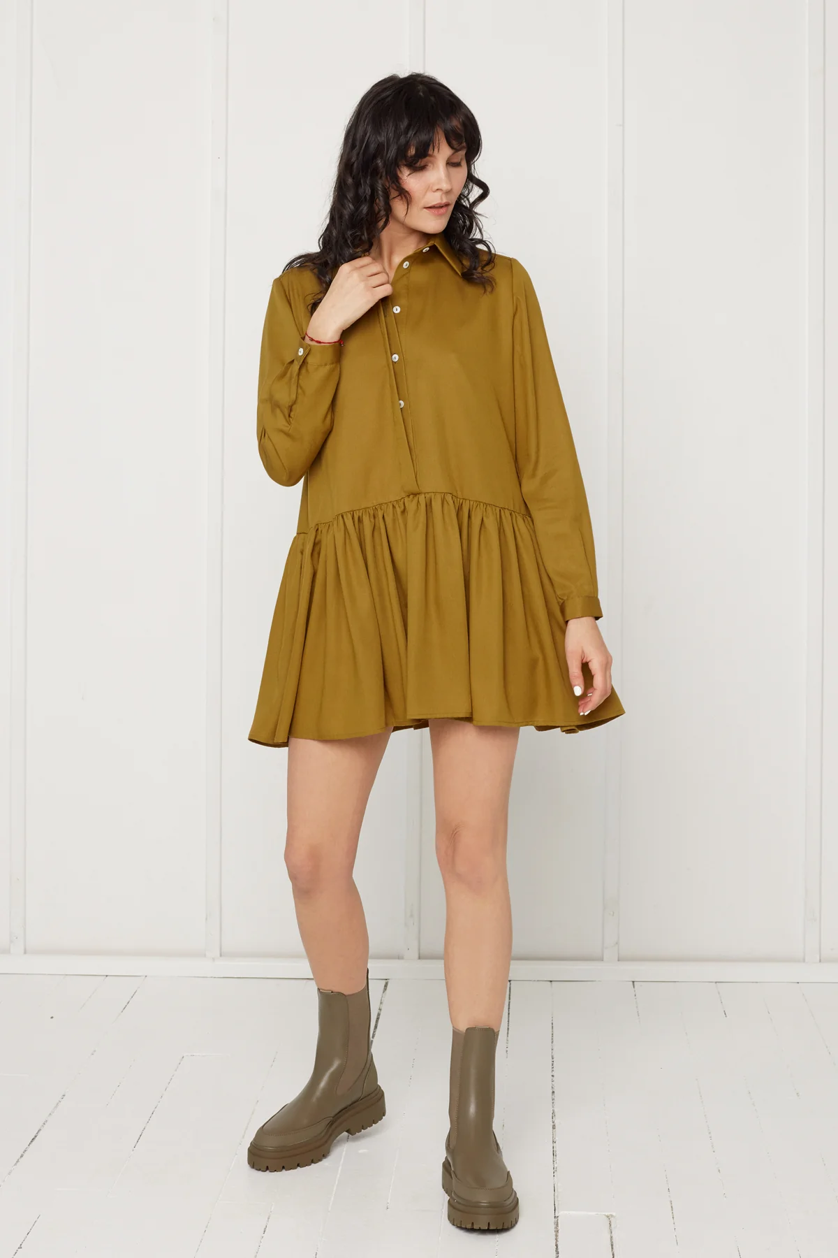 DANA tencel shirt dress with front frill in olive green - Image 4