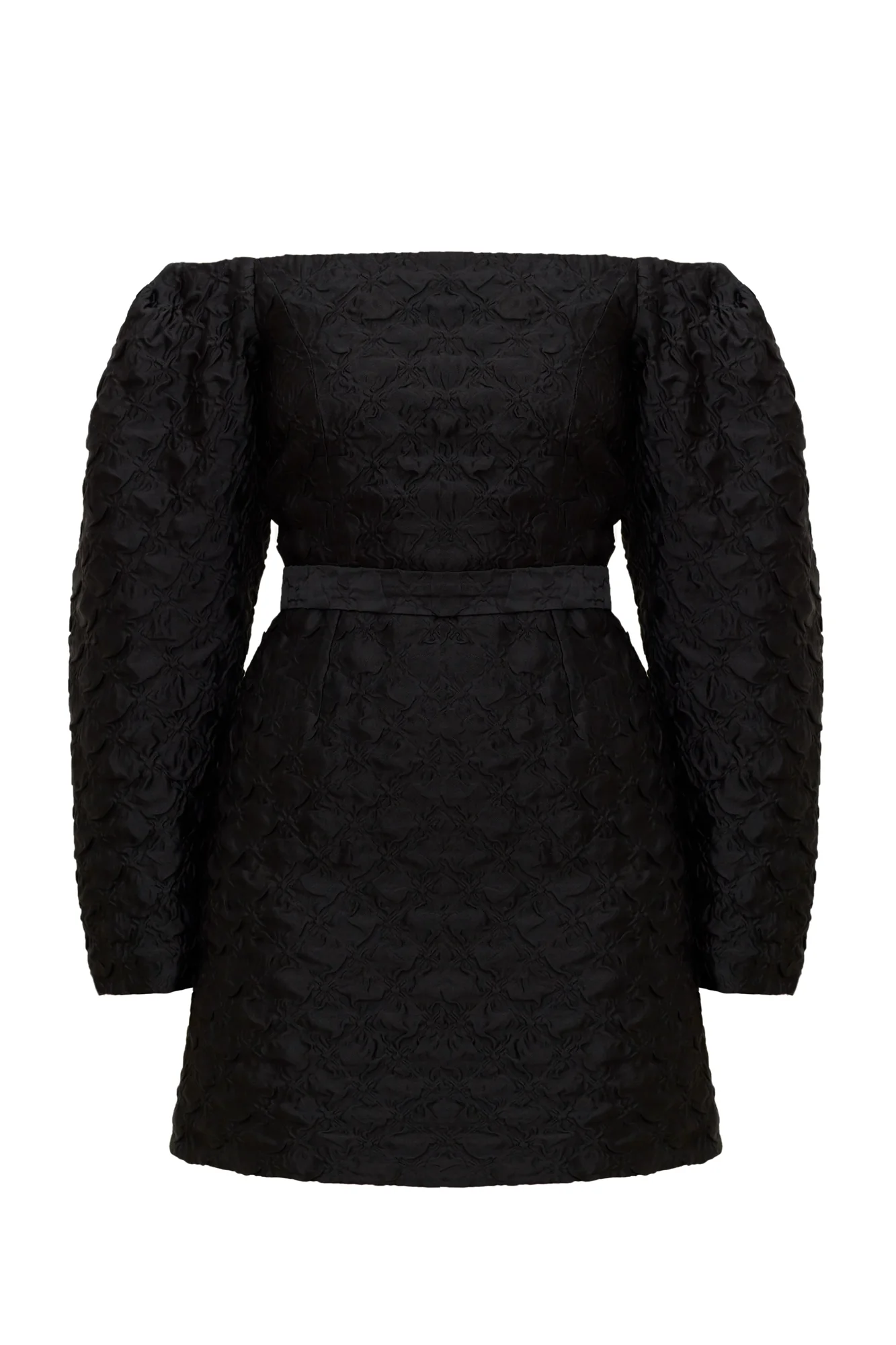 DARIA black textured silk open shoulder mini dress - Image 6