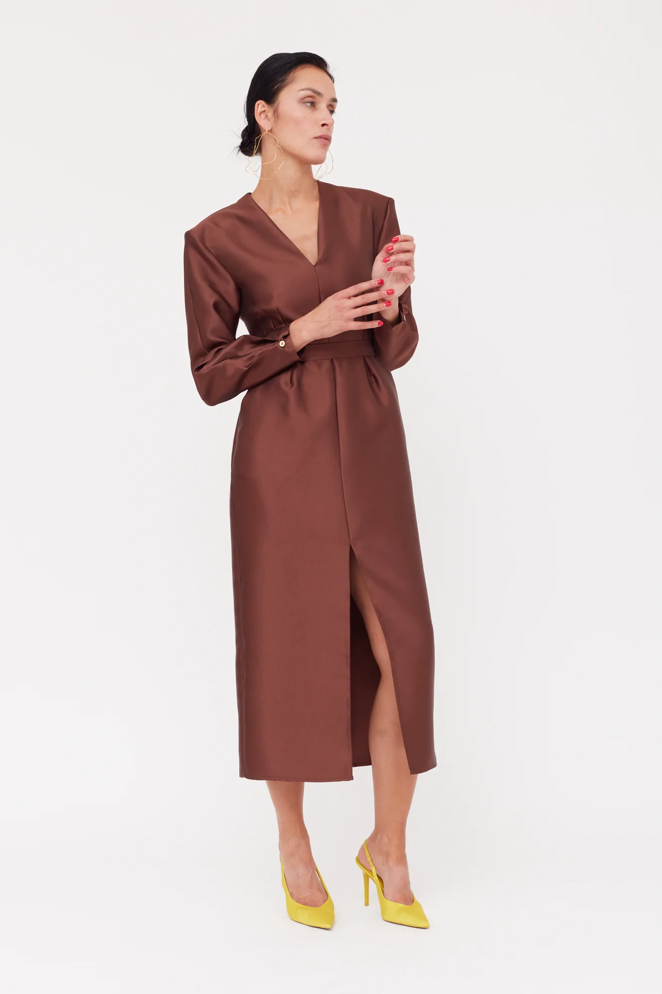 DEMA Brown Shoulder Pad Midi Smart Casual Dress - Image 11