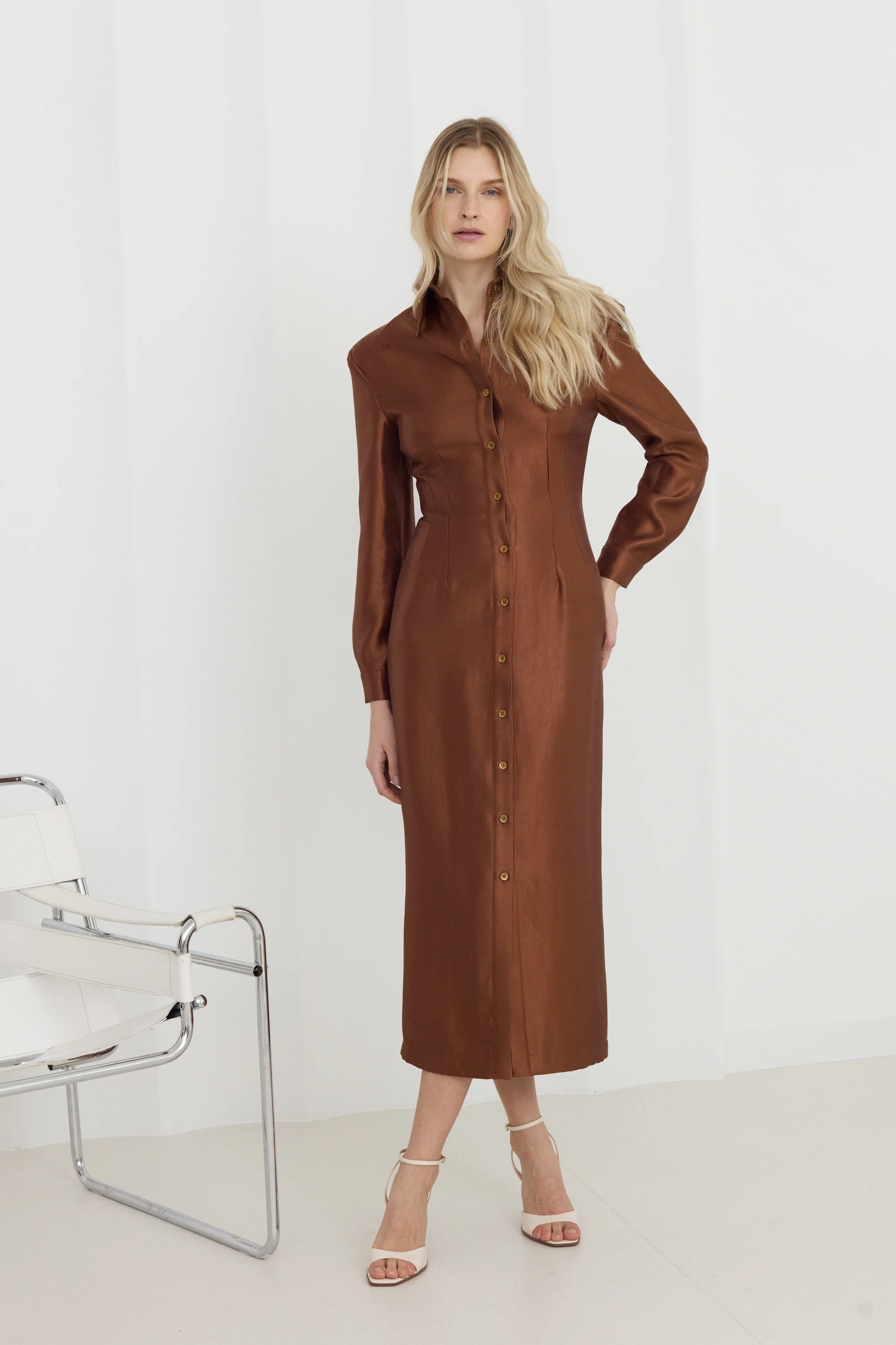 EDITH Brown Fitted Midi Shirt Dress - Image 3