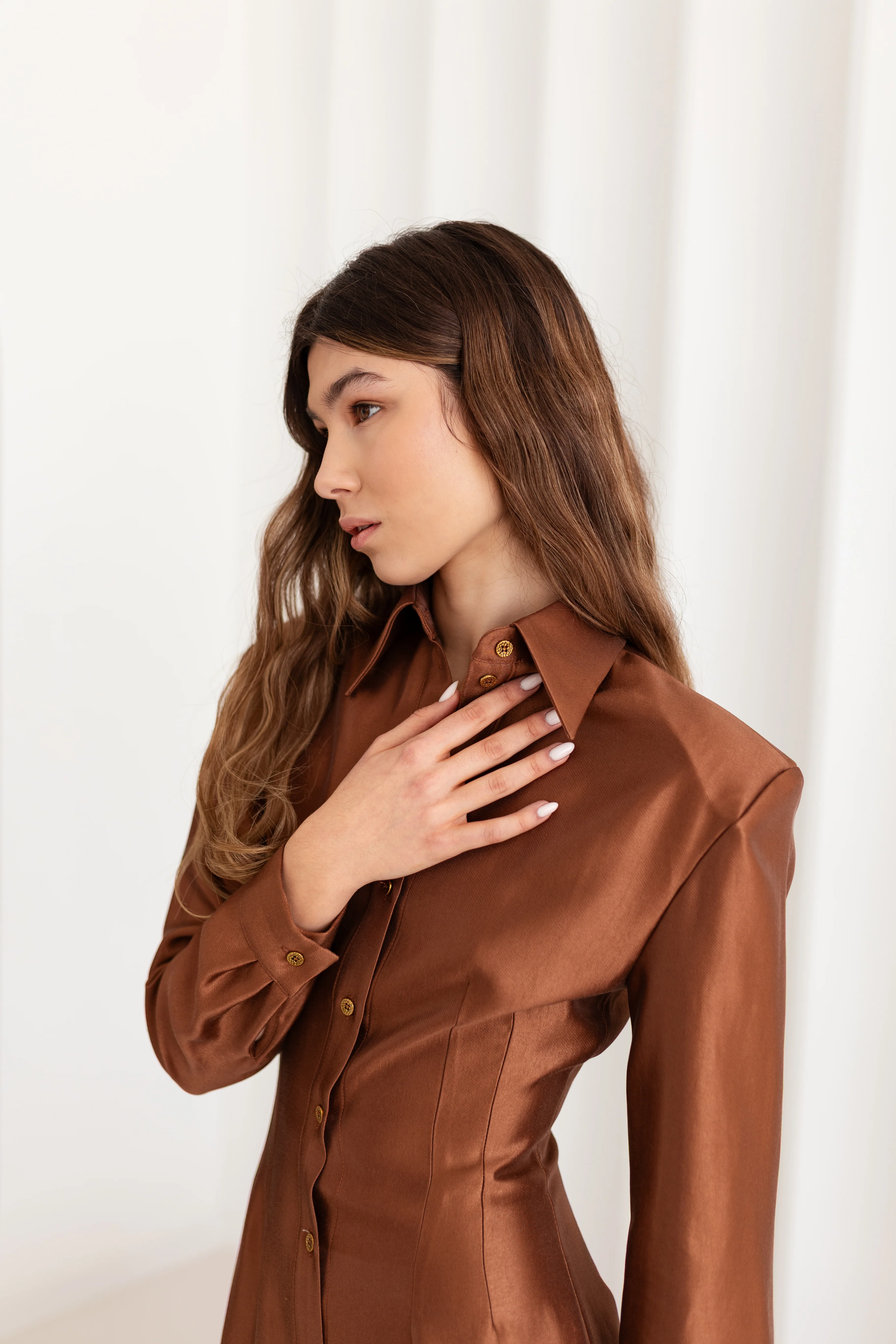 EDITH Brown Fitted Midi Shirt Dress - Image 4