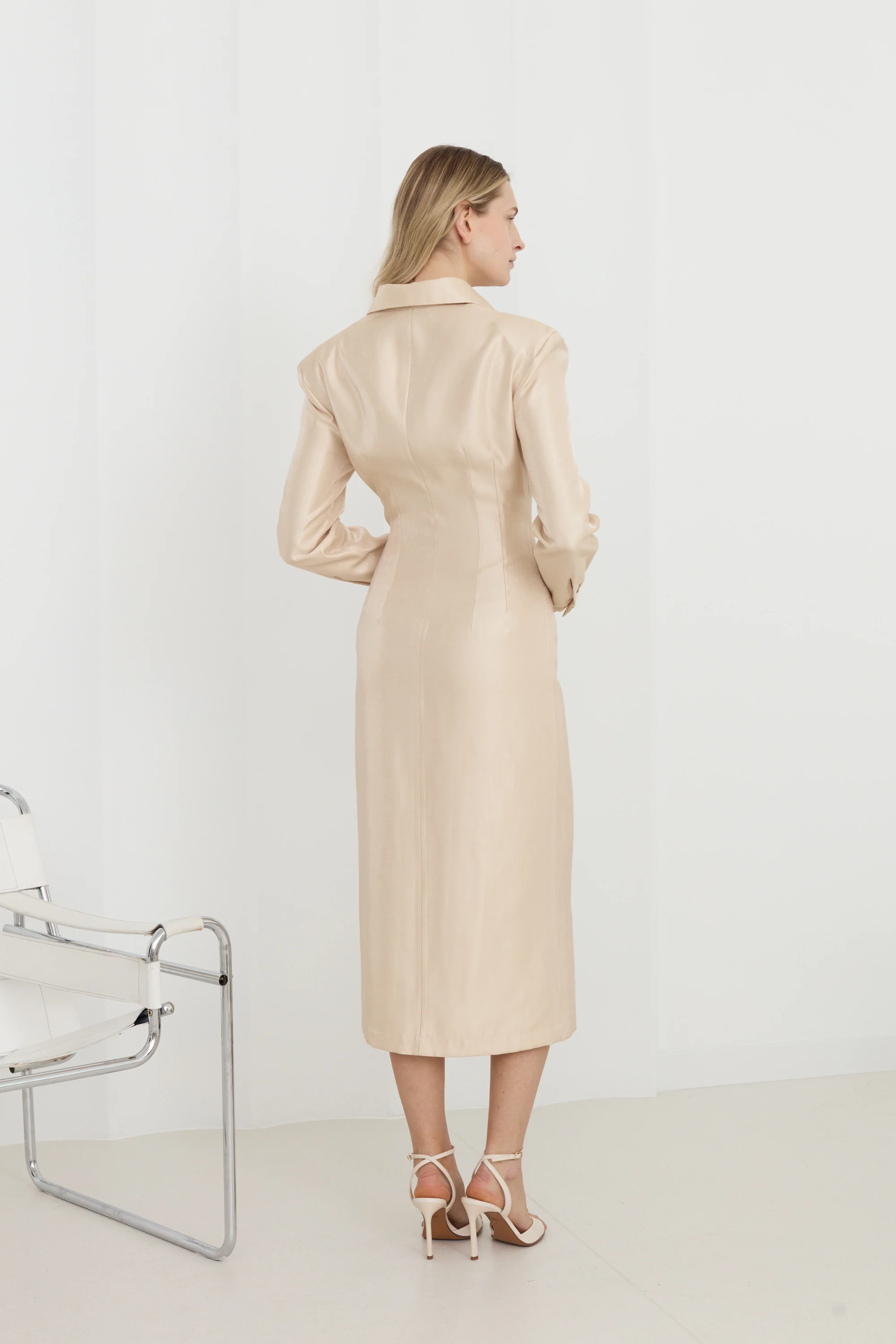 EDITH Pastel Fitted Midi Shirt Dress With Golden Buttons - Image 3