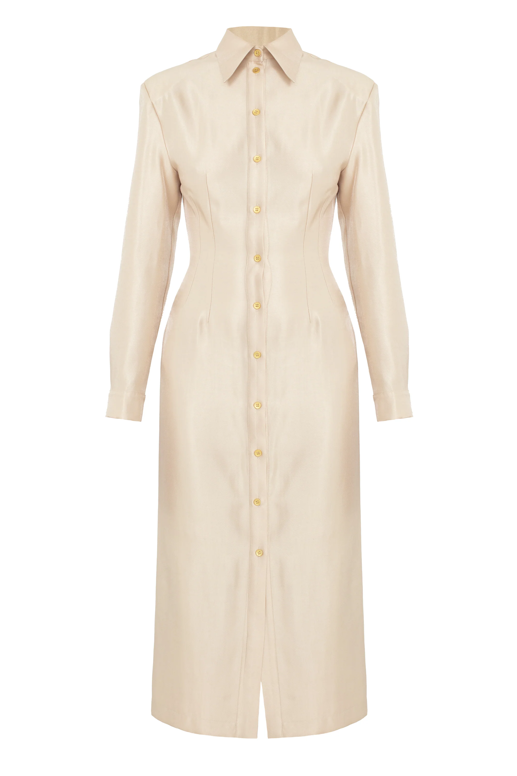 EDITH Pastel Fitted Midi Shirt Dress With Golden Buttons - Image 4