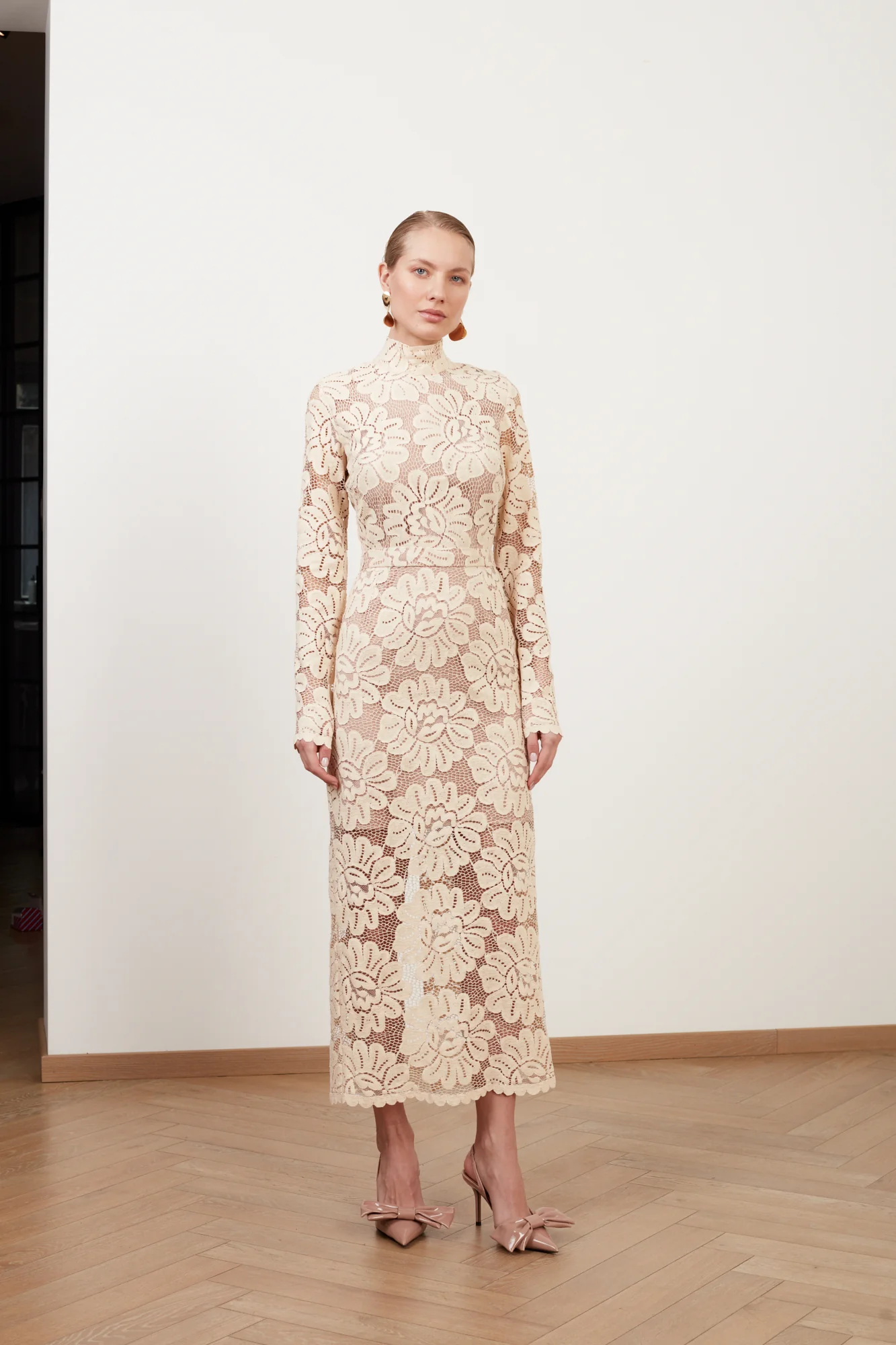 ELENA cream floral lace midi dress with turtleneck - Image 3