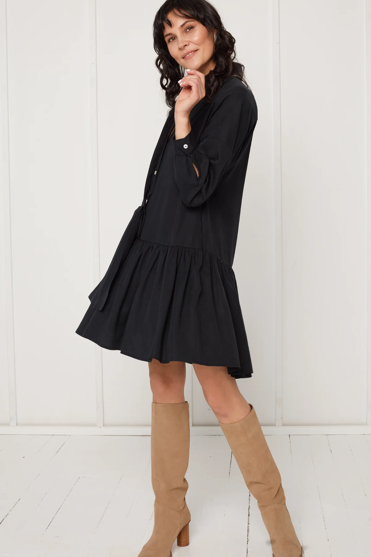EVA tencel shirt dress with double front frill in black - Image 2