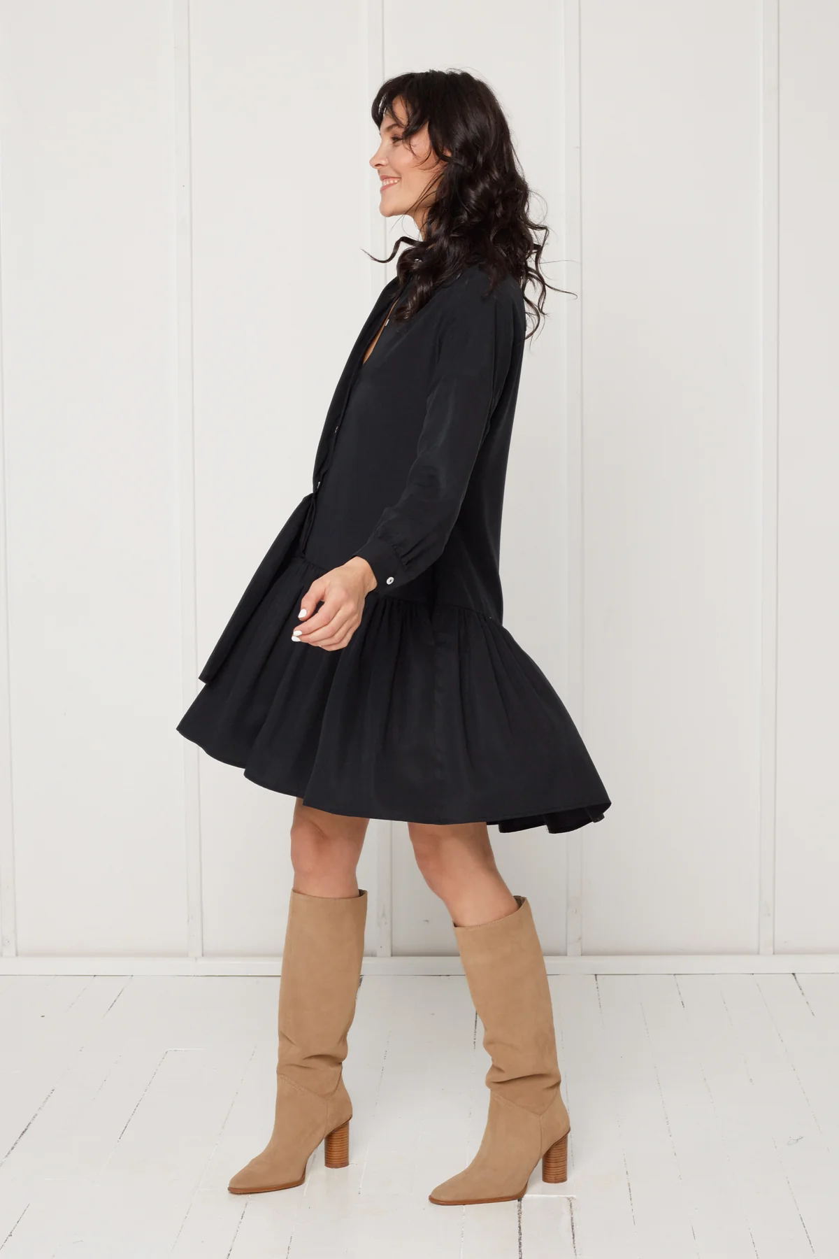 EVA tencel shirt dress with double front frill in black - Image 3