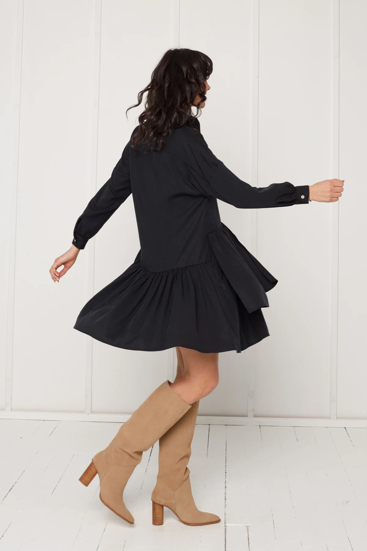 EVA tencel shirt dress with double front frill in black - Image 4