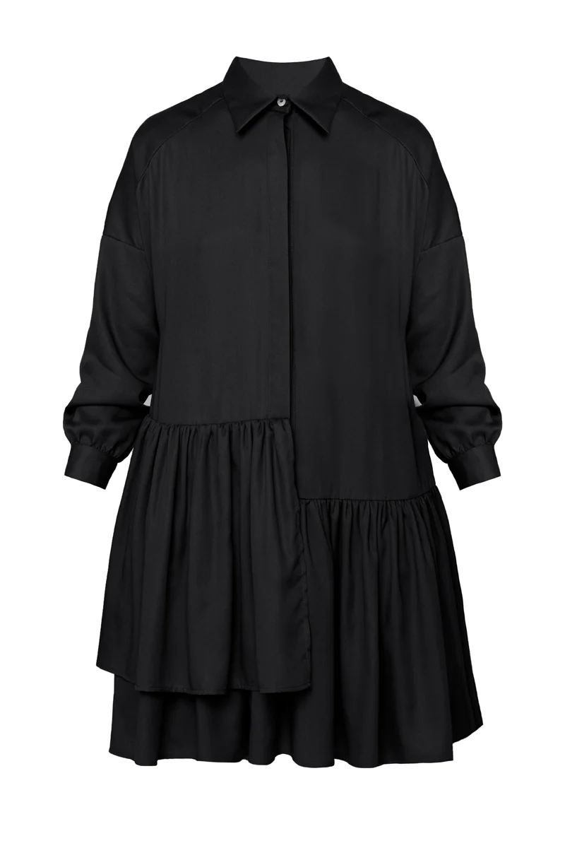 EVA tencel shirt dress with double front frill in black - Image 5