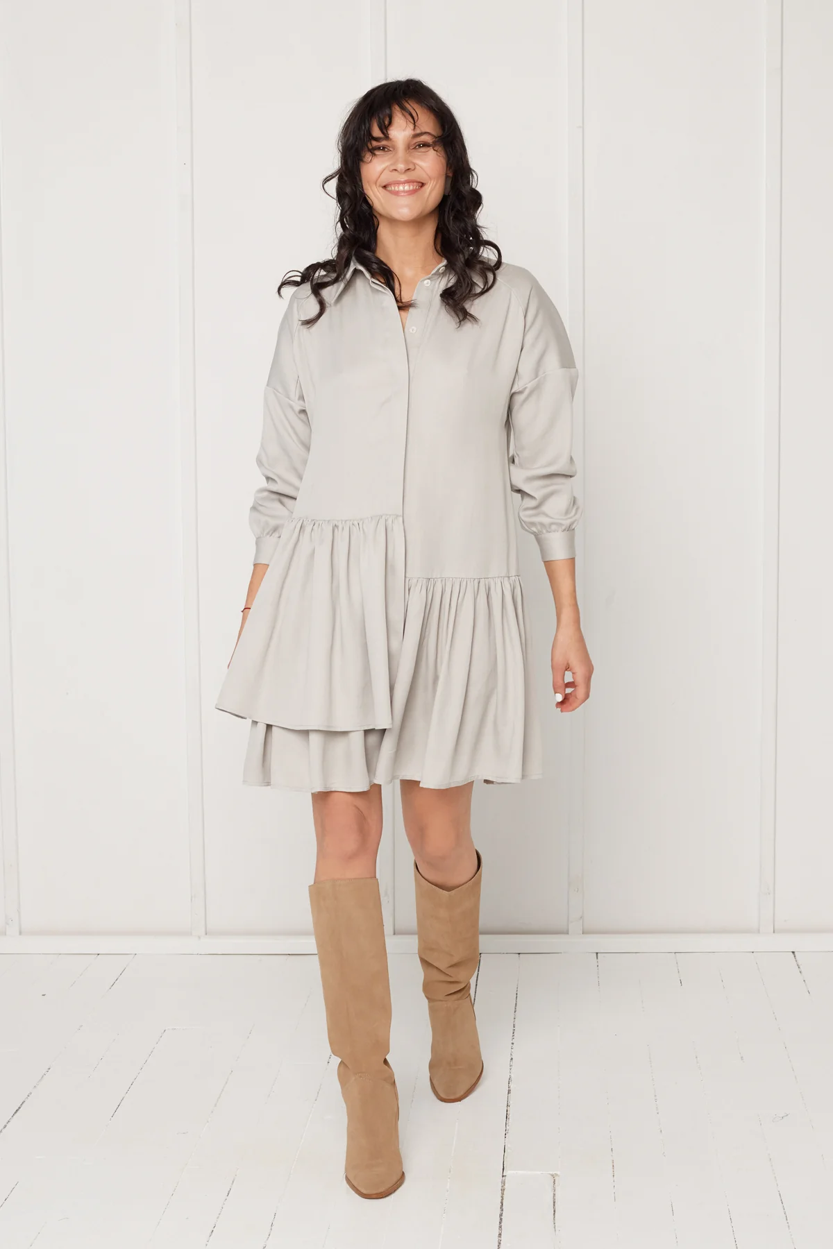EVA tencel shirt dress with double front frill in light grey - Image 2