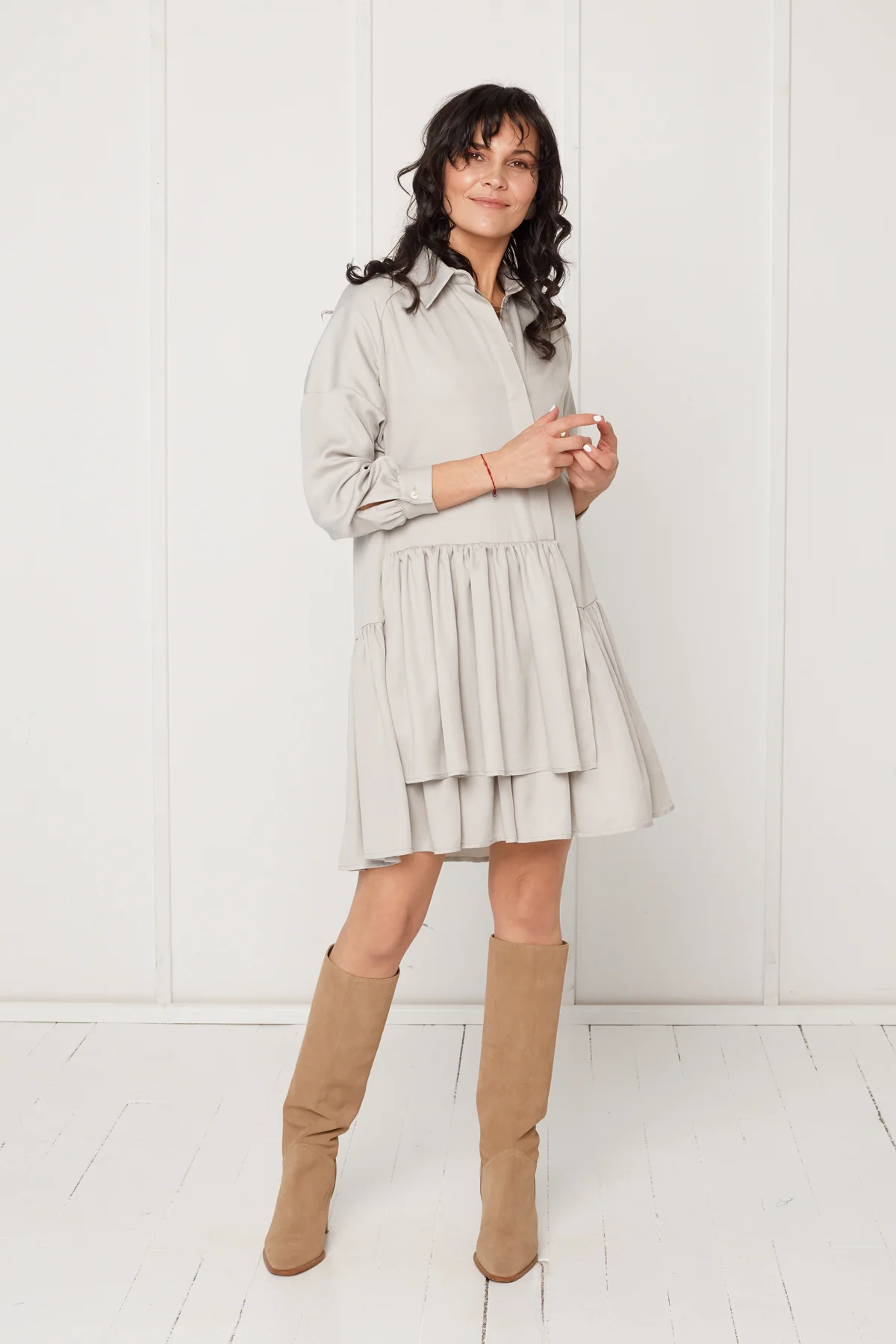 EVA tencel shirt dress with double front frill in light grey - Image 3