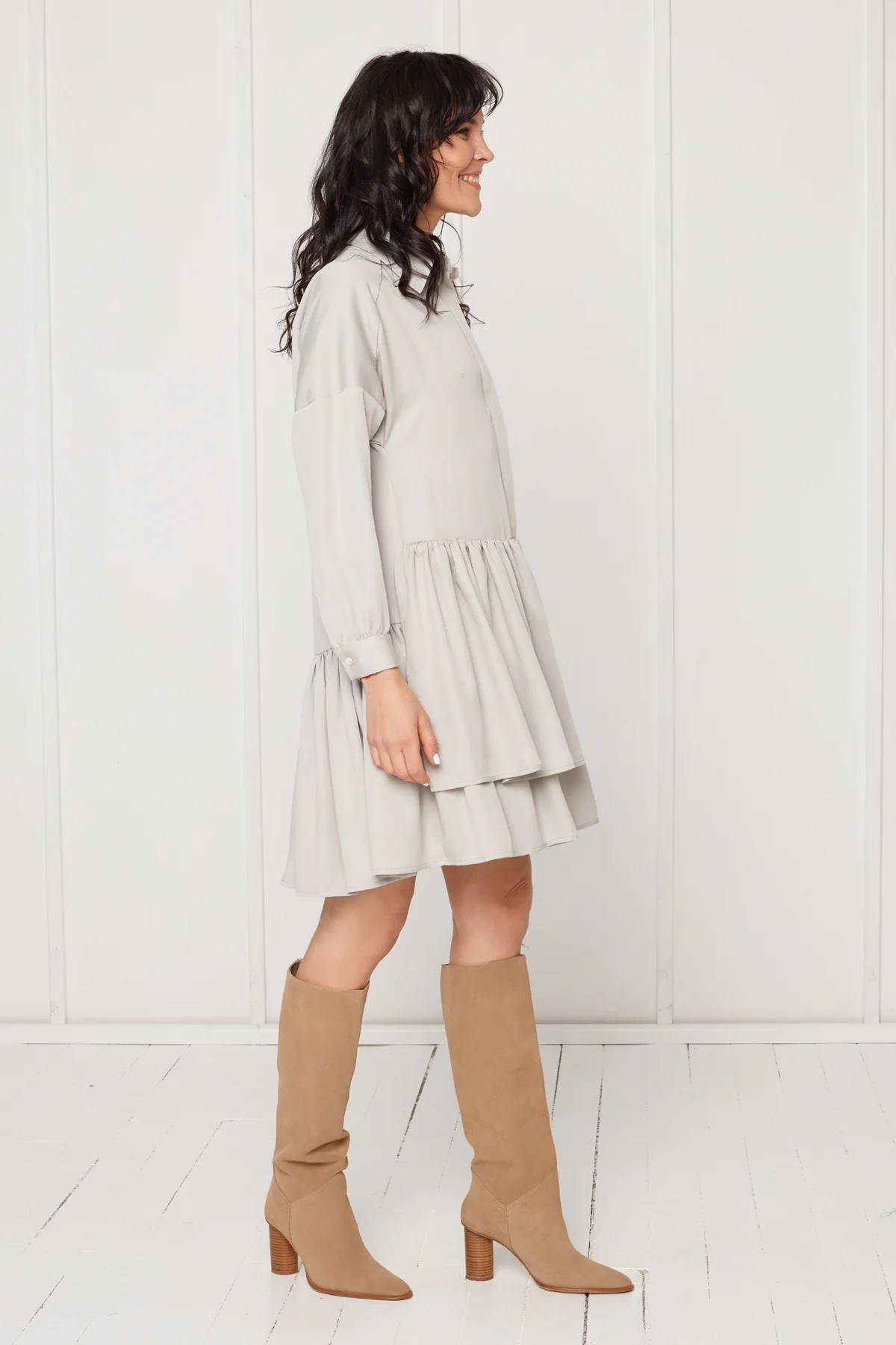 EVA tencel shirt dress with double front frill in light grey - Image 4
